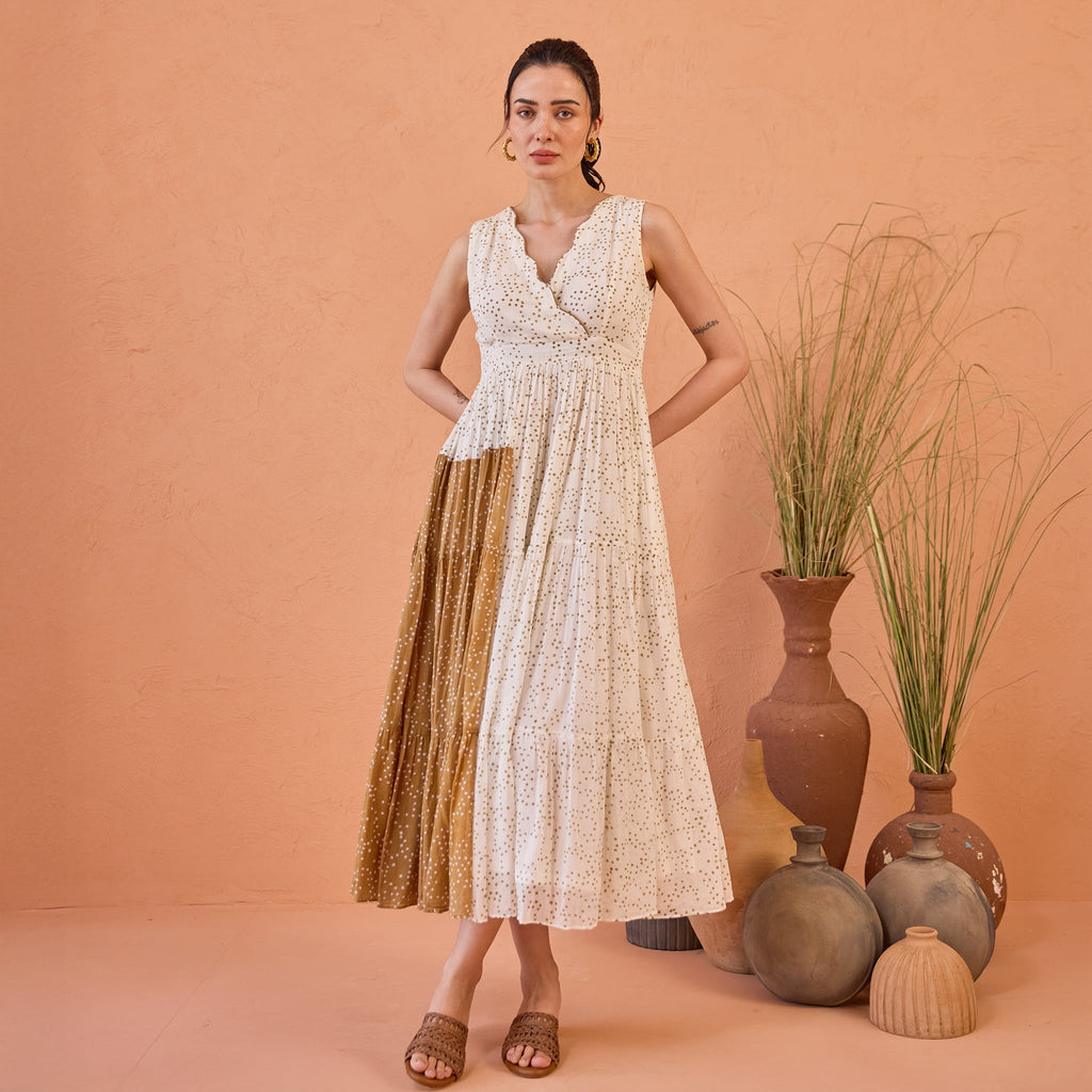 Coconut Dust at Kamakhyaa by Taro. This item is Artisan made, Cotton Mulmul, Handblock Printed, Sleeveless Dresses, Under $50, Whispers of Summer by Taro, White