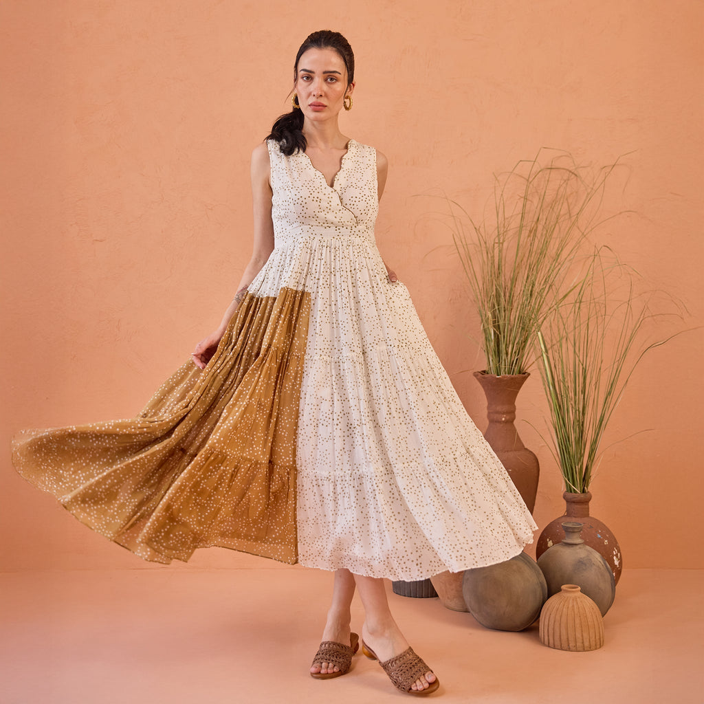 Coconut Dust at Kamakhyaa by Taro. This item is Artisan made, Cotton Mulmul, Handblock Printed, Sleeveless Dresses, Under $50, Whispers of Summer by Taro, White