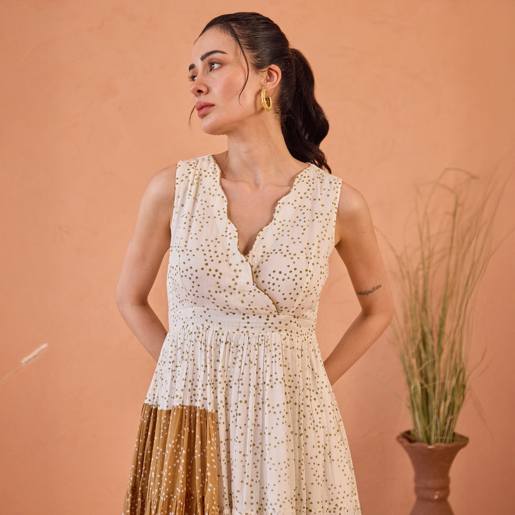 Coconut Dust at Kamakhyaa by Taro. This item is Artisan made, Cotton Mulmul, Handblock Printed, Sleeveless Dresses, Under $50, Whispers of Summer by Taro, White