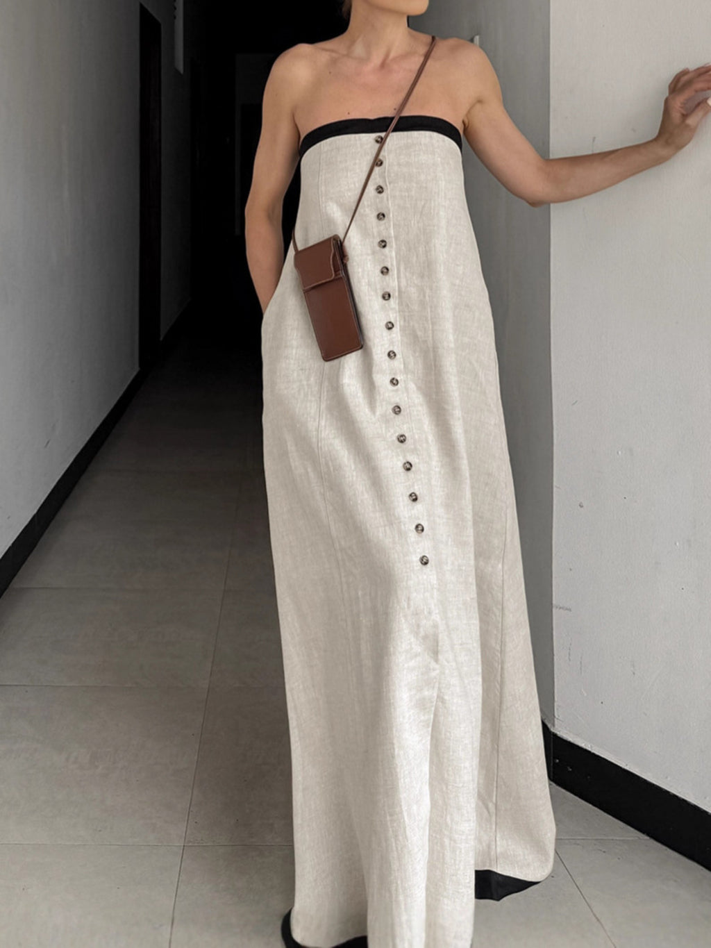 Contrast Trim Button Front Tube Maxi Dress at kamakhyaa.com by Trendsi. This item is Chic Charm, Ship From Overseas, Under $100