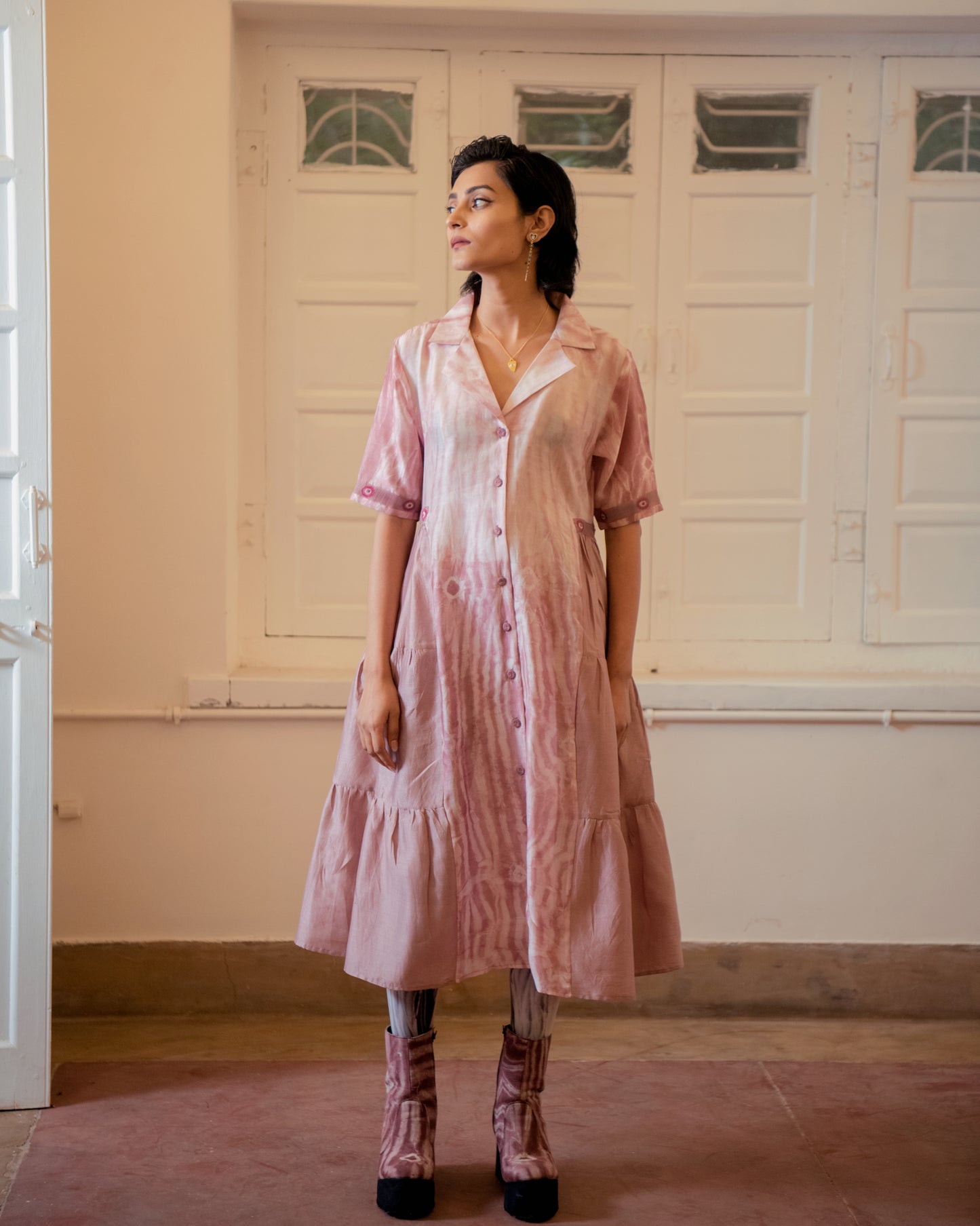 Coral Rust at Kamakhyaa by The Loom Art. This item is Casual Wear, Fall, Handwoven Chanderi Silk, July Sale, July Sale 2023, Lucid Dreams, Luicid Dream, Organic, Pink, Relaxed Fit, Shirt Dresses, Solids, Womenswear