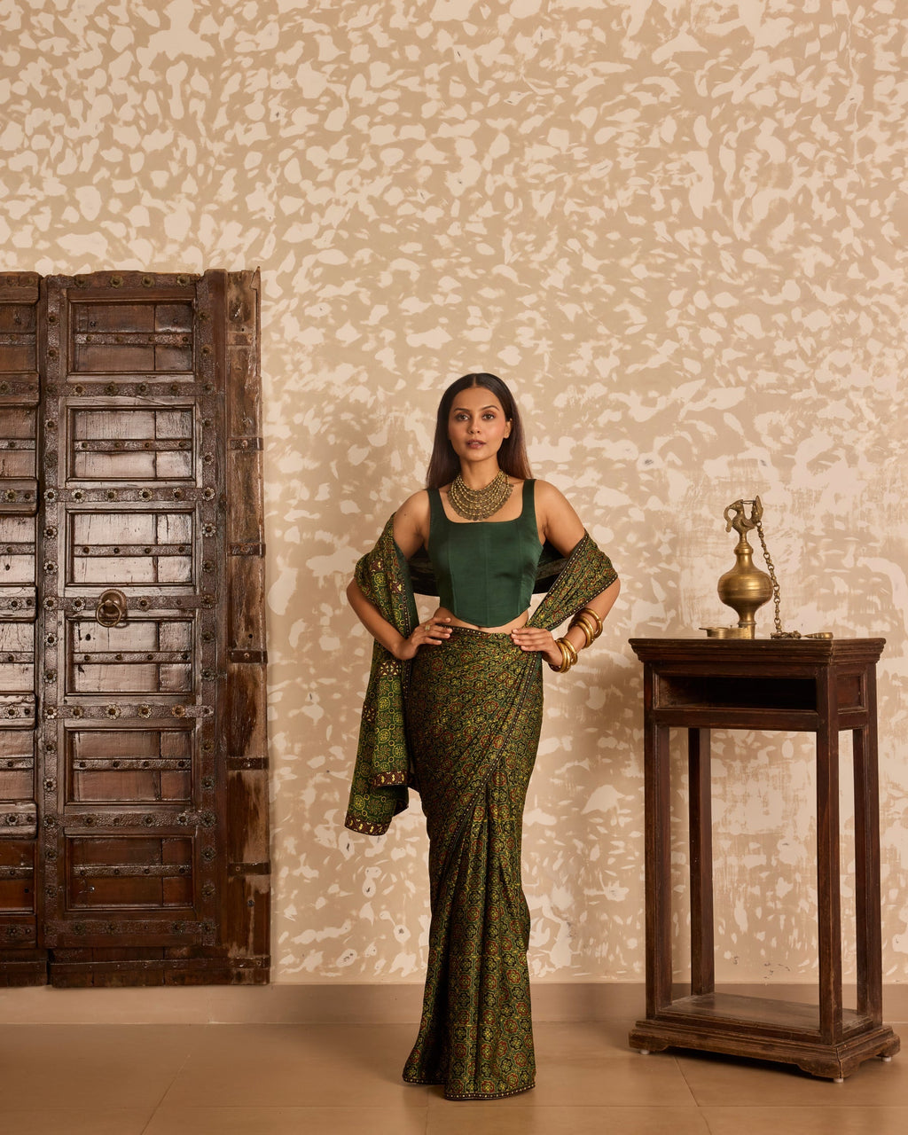 Corset blouse with saree at Kamakhyaa by Akashi Clothing. This item is Ajrakh by Akashi Clothing, Under $100