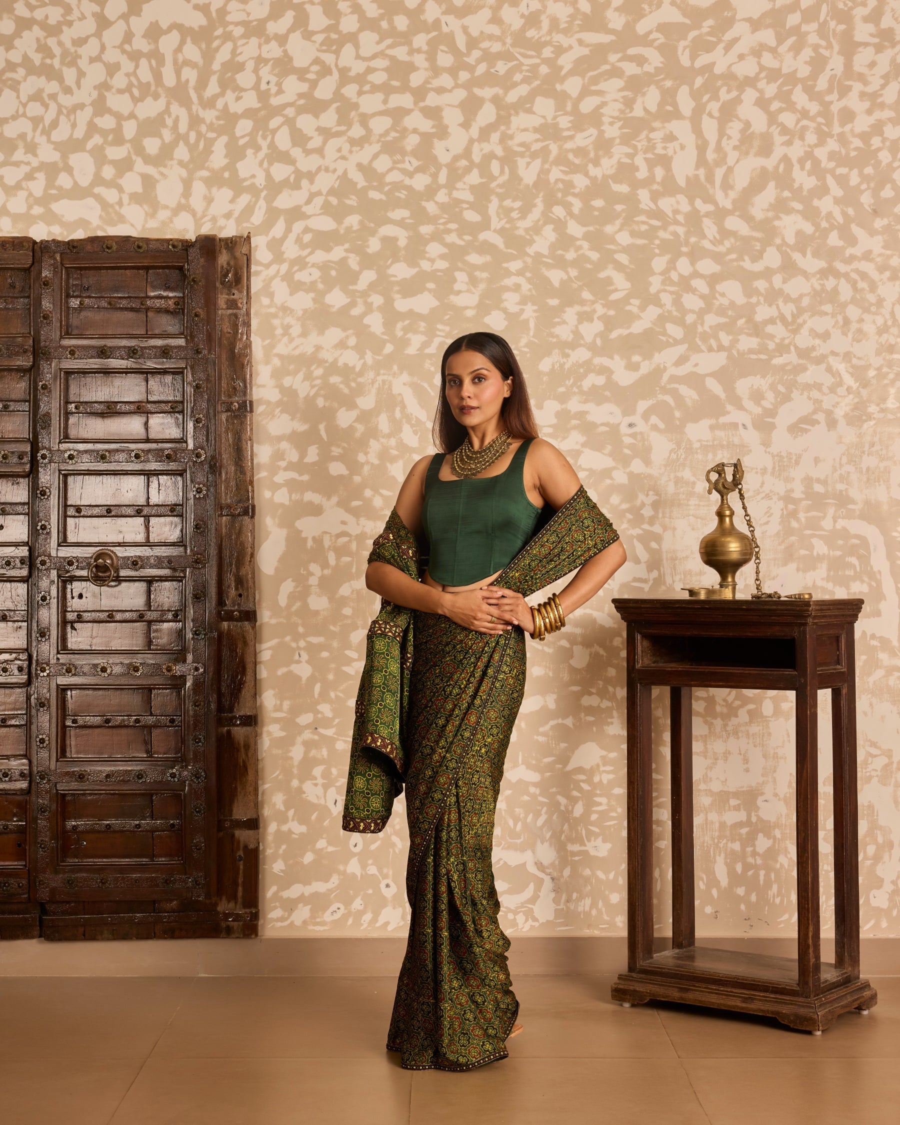 Corset blouse with saree at Kamakhyaa by Akashi Clothing. This item is Ajrakh by Akashi Clothing, Under $100
