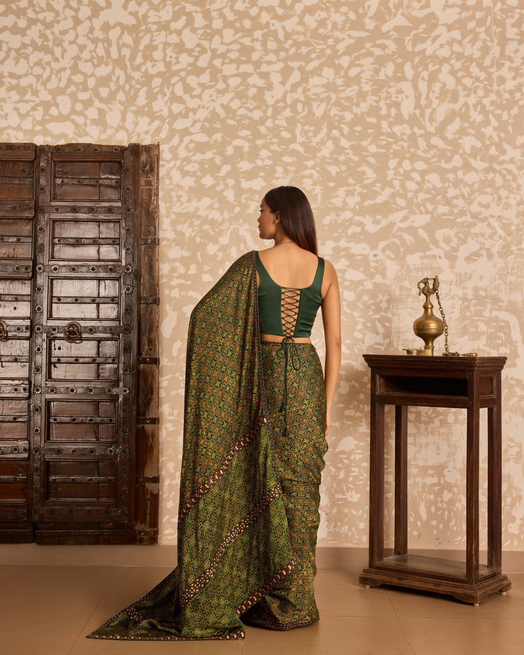 Corset blouse with saree at Kamakhyaa by Akashi Clothing. This item is Ajrakh by Akashi Clothing, Under $100