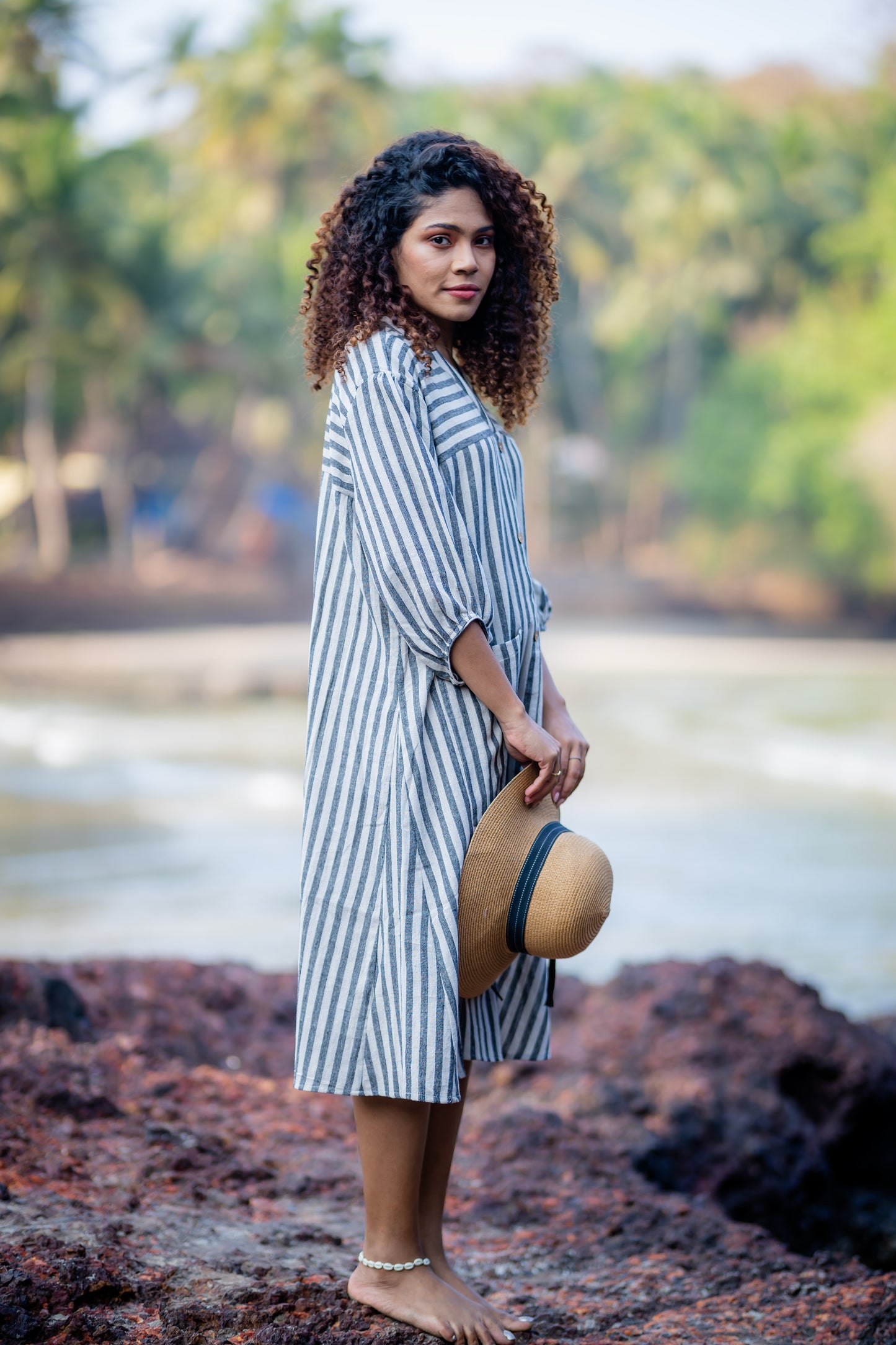 Cotton Striped Midi Dress with Patch Pockets at Kamakhyaa by Krushnachuda. This item is Grey, Handloom Cotton, Midi Dresses, Natural Dye, Organic, Relaxed Fit, Resort Wear, Stripes