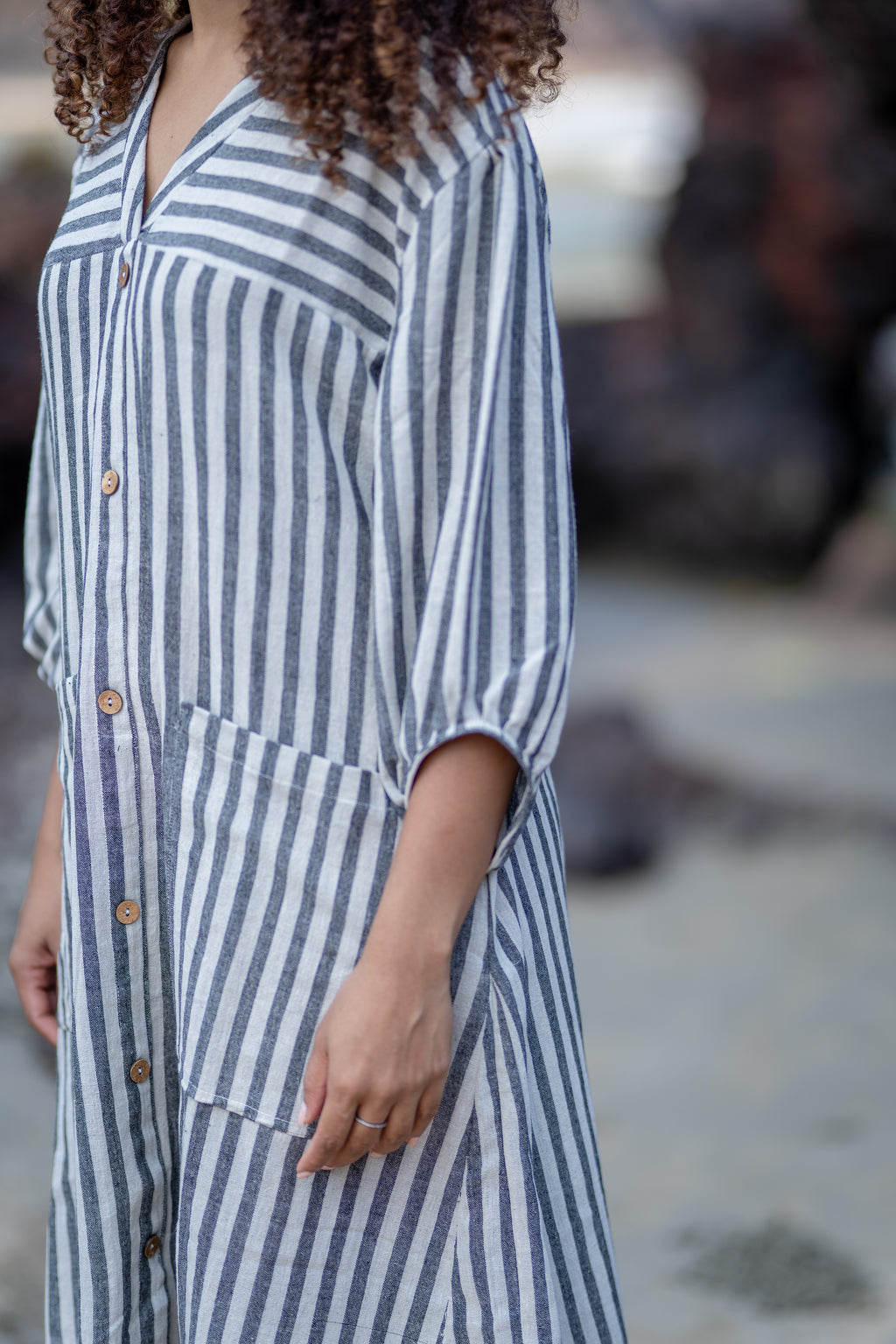 Cotton Striped Midi Dress with Patch Pockets at Kamakhyaa by Krushnachuda. This item is Grey, Handloom Cotton, Midi Dresses, Natural Dye, Organic, Relaxed Fit, Resort Wear, Stripes