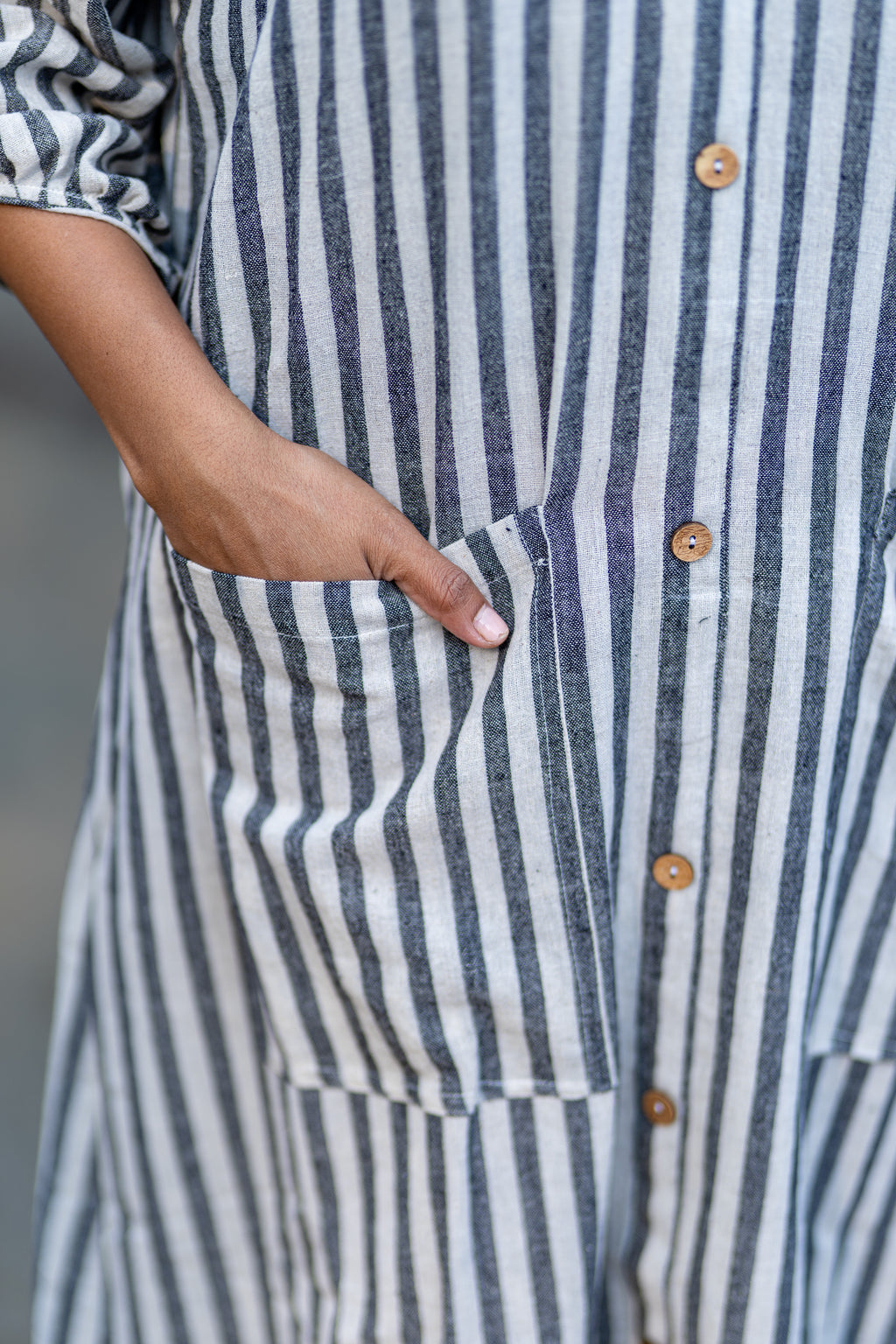 Cotton Striped Midi Dress with Patch Pockets at Kamakhyaa by Krushnachuda. This item is Grey, Handloom Cotton, Midi Dresses, Natural Dye, Organic, Relaxed Fit, Resort Wear, Stripes
