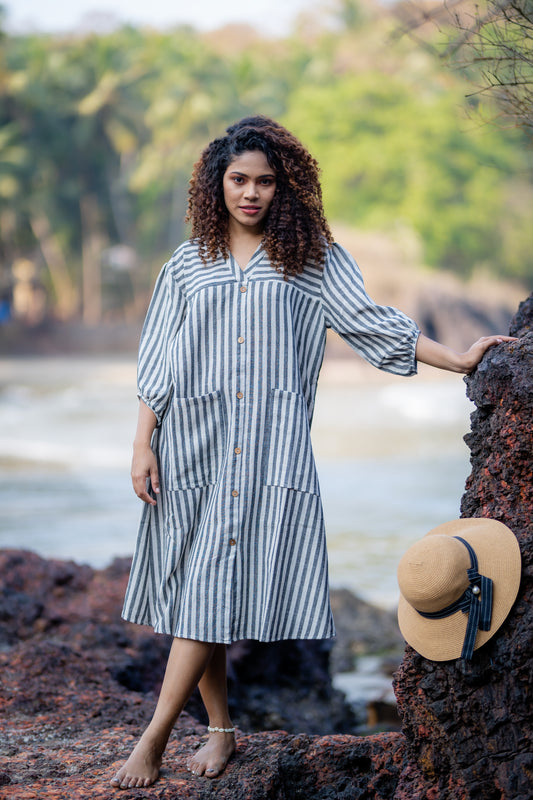 Cotton Striped Midi Dress with Patch Pockets at Kamakhyaa by Krushnachuda. This item is Grey, Handloom Cotton, Midi Dresses, Natural Dye, Organic, Relaxed Fit, Resort Wear, Stripes