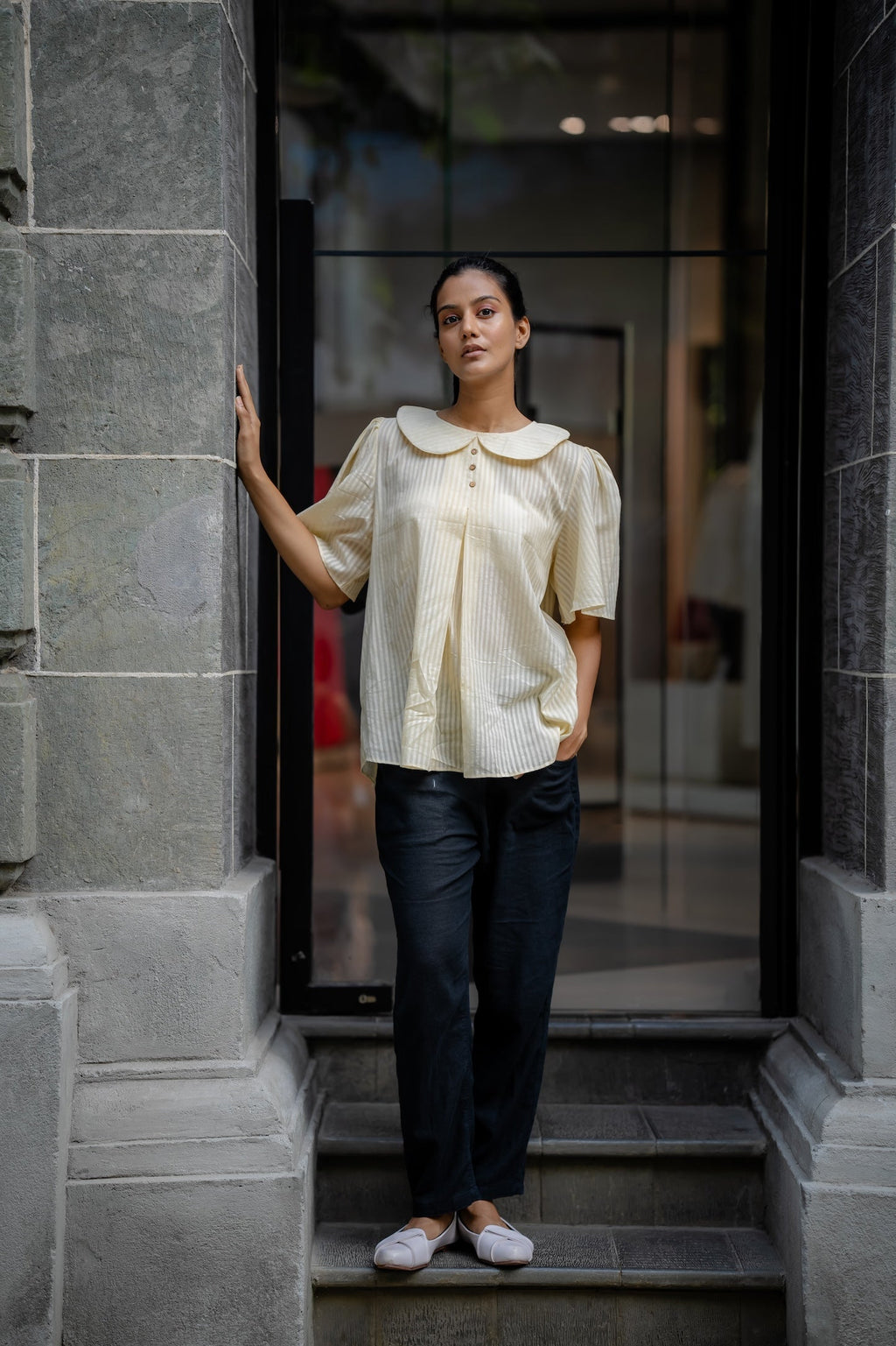 Cream Handwoven Striped Shirt at Kamakhyaa by Krushnachuda. This item is Chilika by Krushnachuda, Cream, Handloom Cotton, Loose Fit, Natural Dye, Off-white, Organic, Outerwear, Self Design, Under $100, Womenswear