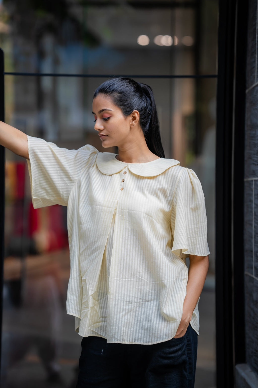 Cream Handwoven Striped Shirt at Kamakhyaa by Krushnachuda. This item is Chilika by Krushnachuda, Cream, Handloom Cotton, Loose Fit, Natural Dye, Off-white, Organic, Outerwear, Self Design, Under $100, Womenswear