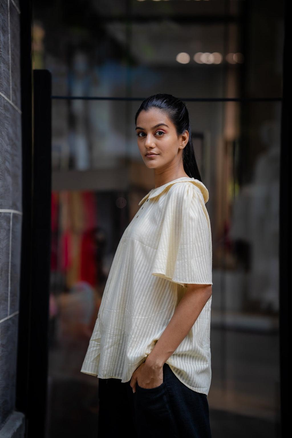Cream Handwoven Striped Shirt at Kamakhyaa by Krushnachuda. This item is Chilika by Krushnachuda, Cream, Handloom Cotton, Loose Fit, Natural Dye, Off-white, Organic, Outerwear, Self Design, Under $100, Womenswear