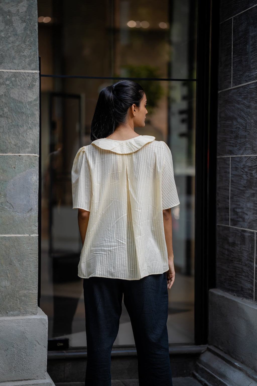 Cream Handwoven Striped Shirt at Kamakhyaa by Krushnachuda. This item is Chilika by Krushnachuda, Cream, Handloom Cotton, Loose Fit, Natural Dye, Off-white, Organic, Outerwear, Self Design, Under $100, Womenswear