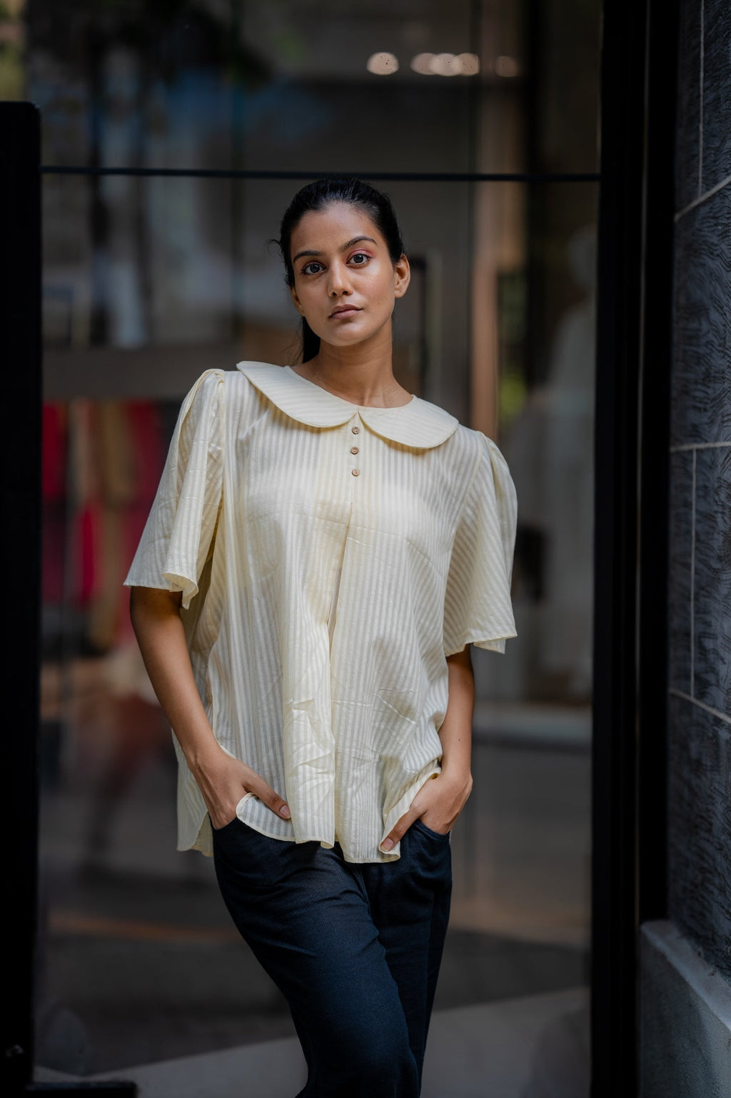 Cream Handwoven Striped Shirt at Kamakhyaa by Krushnachuda. This item is Chilika by Krushnachuda, Cream, Handloom Cotton, Loose Fit, Natural Dye, Off-white, Organic, Outerwear, Self Design, Under $100, Womenswear
