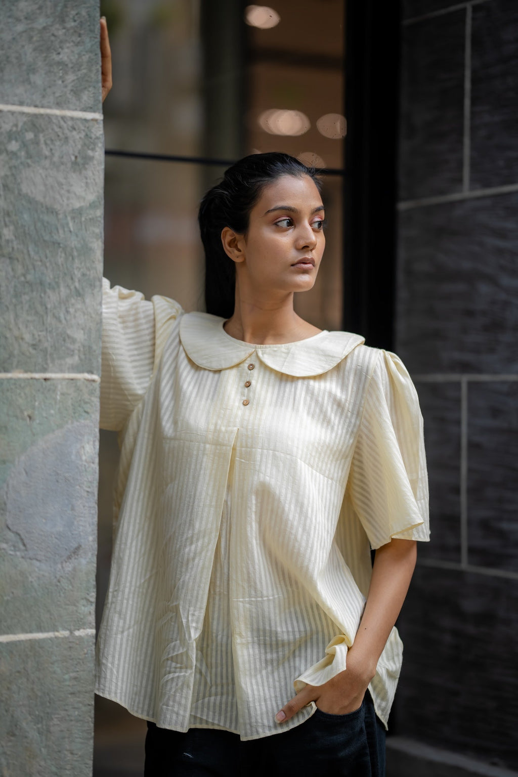 Cream Handwoven Striped Shirt at Kamakhyaa by Krushnachuda. This item is Chilika by Krushnachuda, Cream, Handloom Cotton, Loose Fit, Natural Dye, Off-white, Organic, Outerwear, Self Design, Under $100, Womenswear