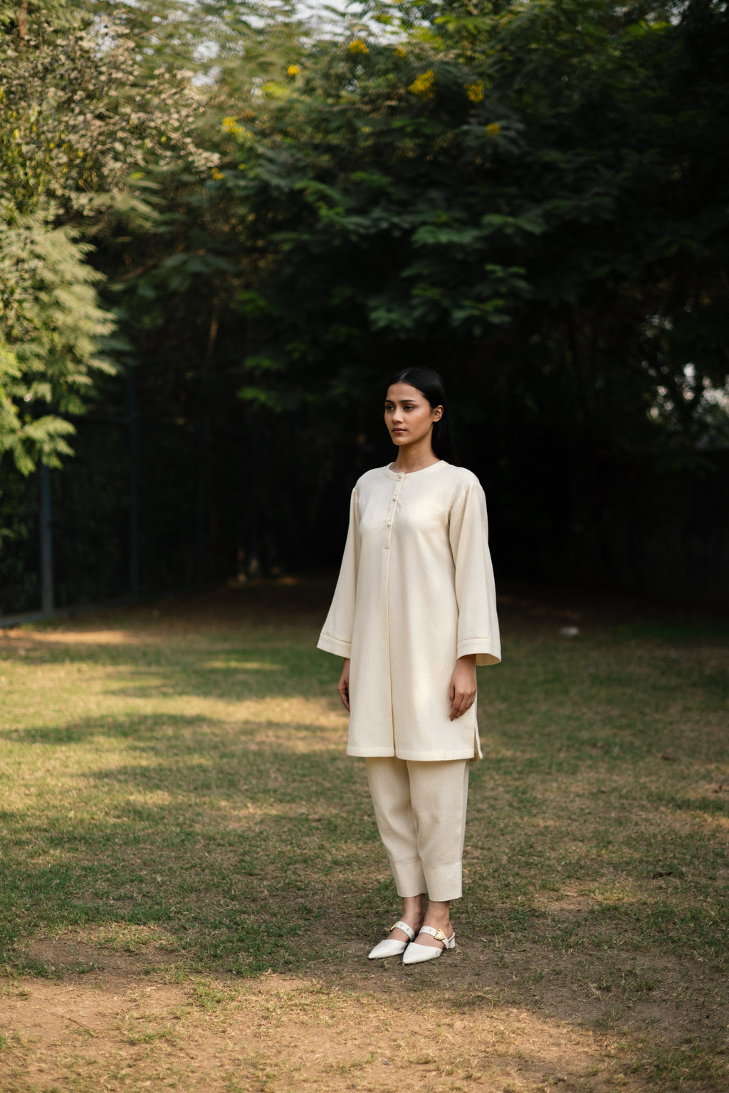 Cream White Merino Wool Coord Set Iris at Kamakhyaa by Raas. This item is Cream, Merino Wool, Regular Fit, Uru by Raas, Winter WearOffice Wear Co-ords, Woven