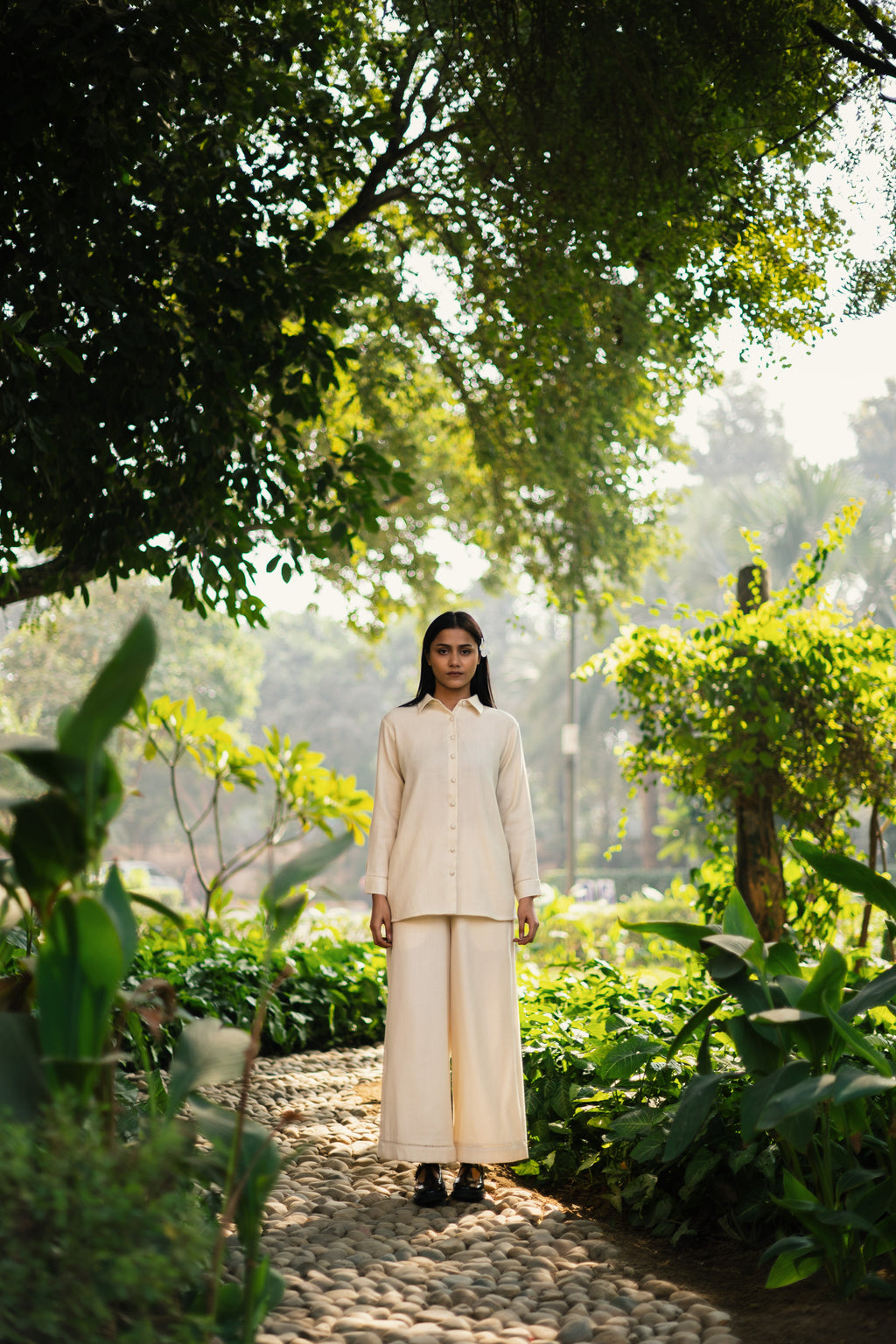 Cream White Merino Wool Coord Set Mahonia at Kamakhyaa by Raas. This item is Cream, Merino Wool, Regular Fit, Uru by Raas, Winter WearOffice Wear Co-ords, Woven