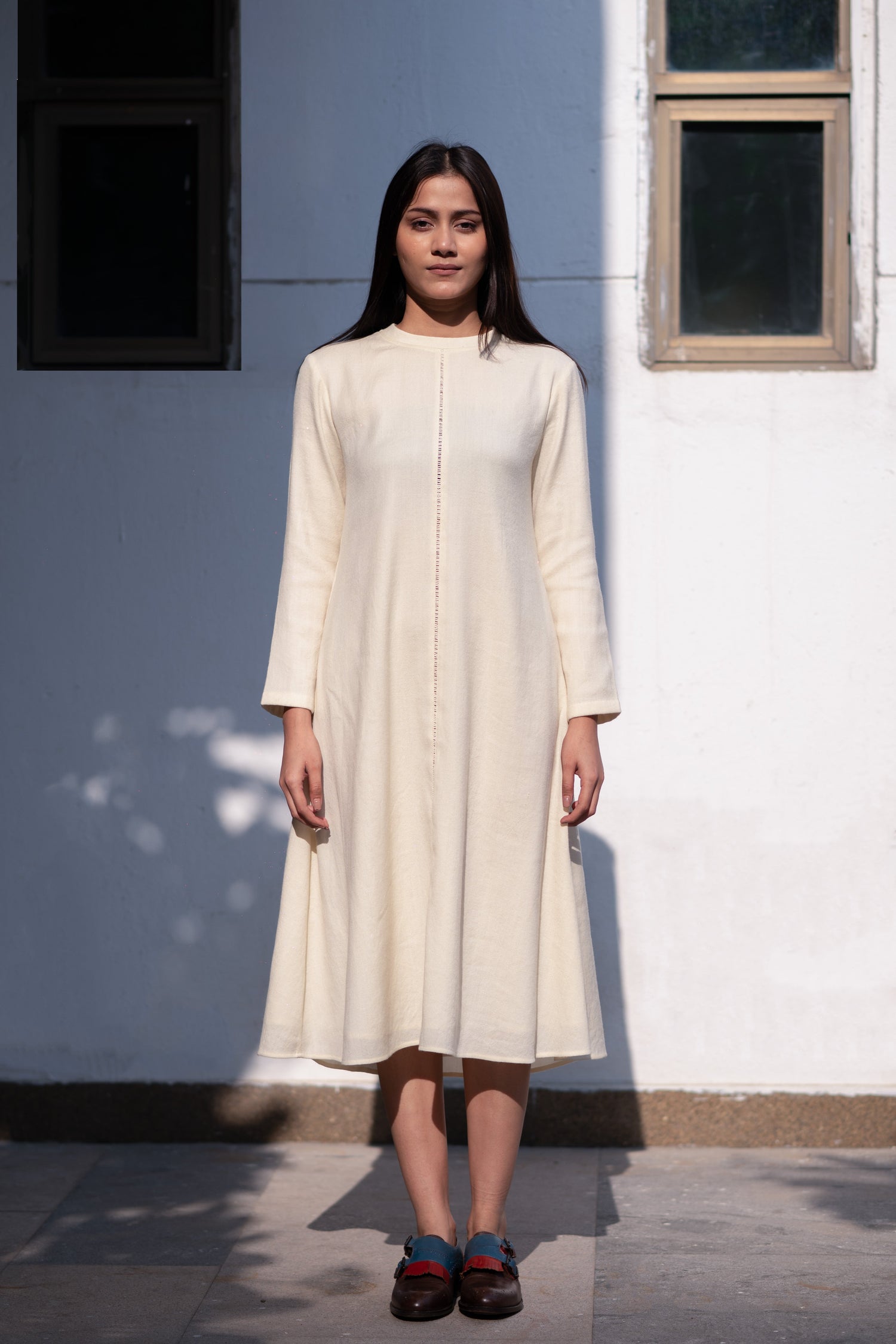 Cream White Merino Wool Dress Starflower at Kamakhyaa by Raas. This item is Cream, Merino Wool, Midi Dresses, Regular Fit, Uru by Raas, Winter Wear, Woven