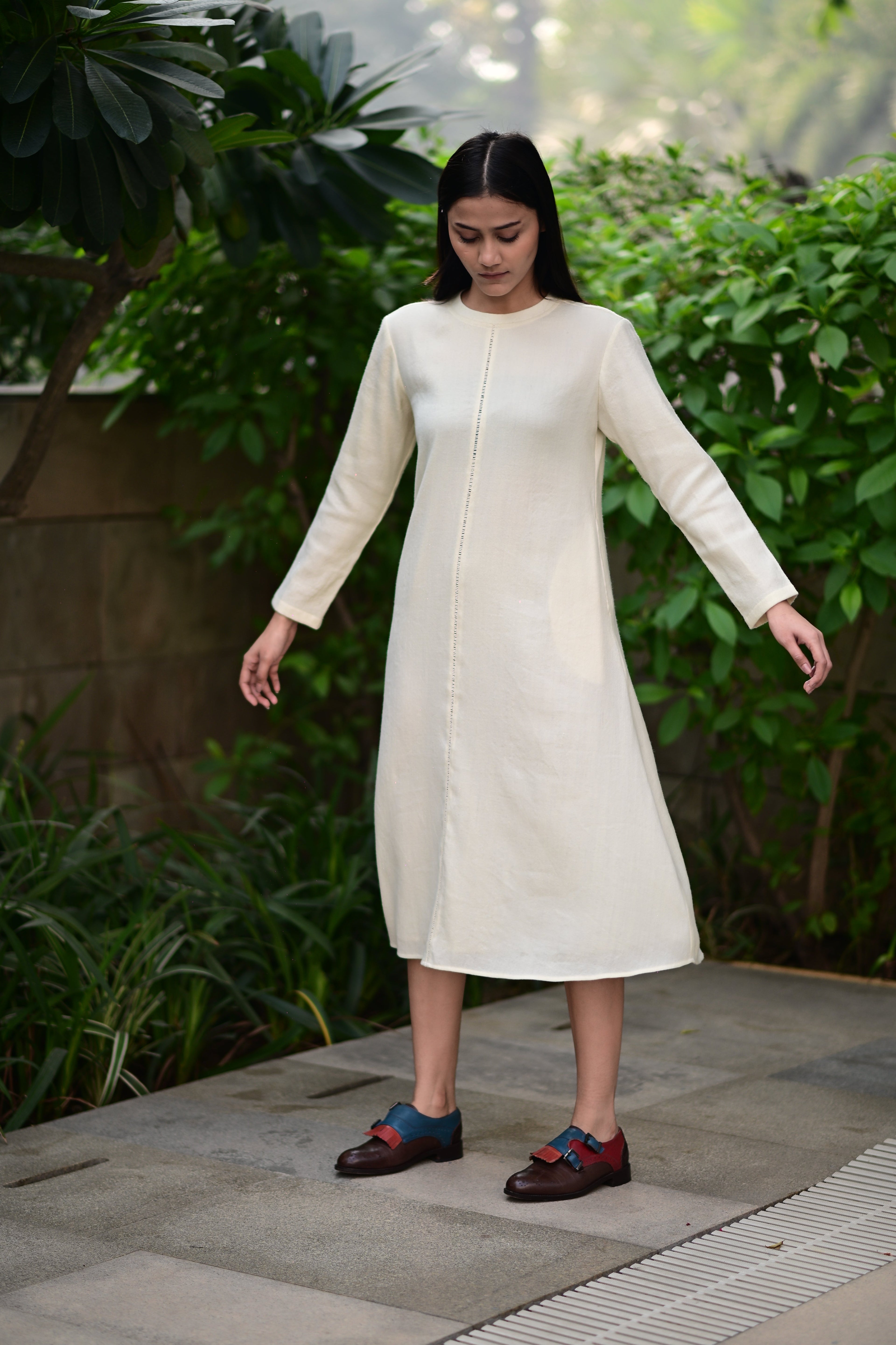 Cream White Merino Wool Dress Starflower at Kamakhyaa by Raas. This item is Cream, Merino Wool, Midi Dresses, Regular Fit, Uru by Raas, Winter Wear, Woven