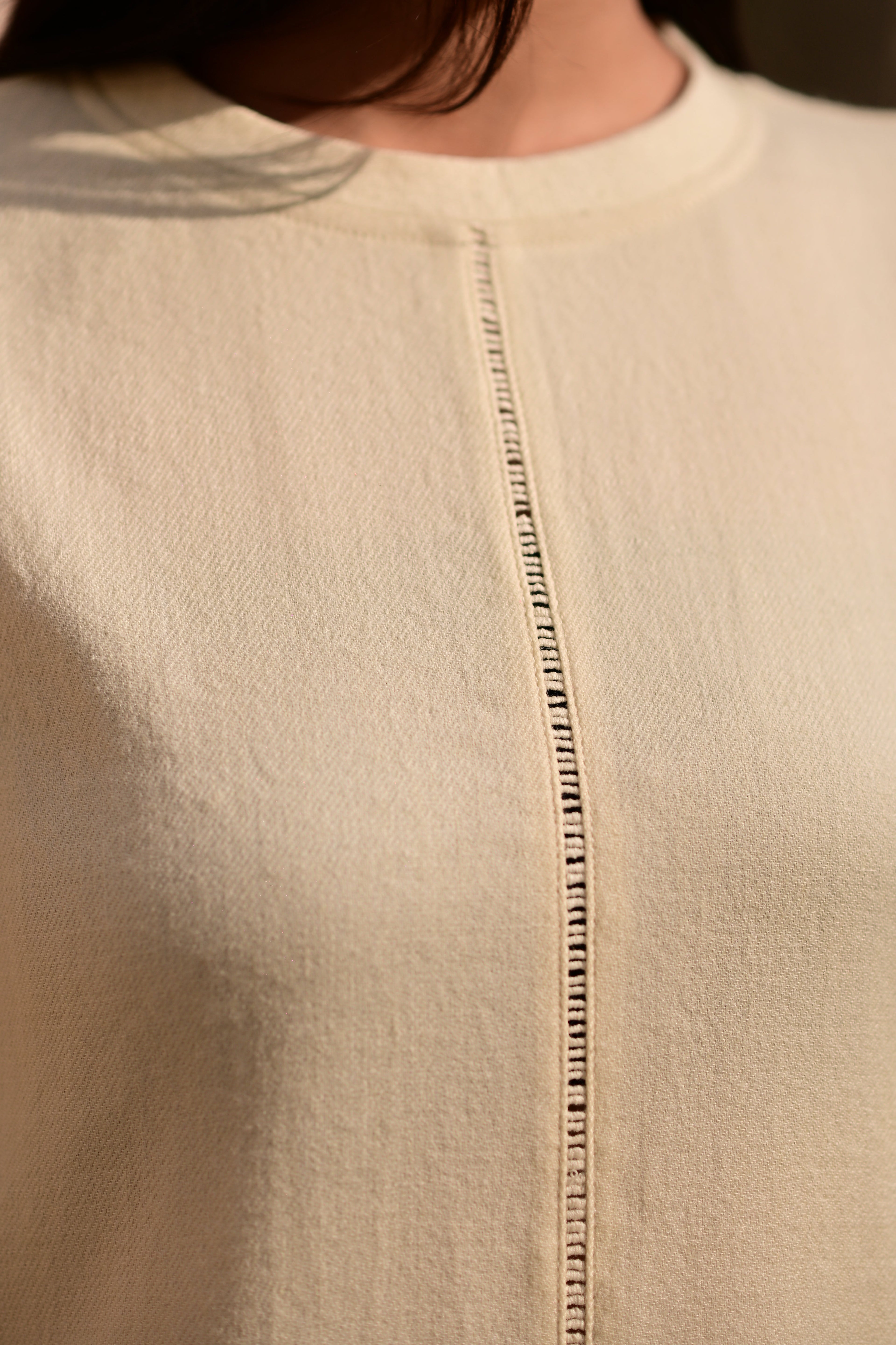 Cream White Merino Wool Dress Starflower at Kamakhyaa by Raas. This item is Cream, Merino Wool, Midi Dresses, Regular Fit, Uru by Raas, Winter Wear, Woven