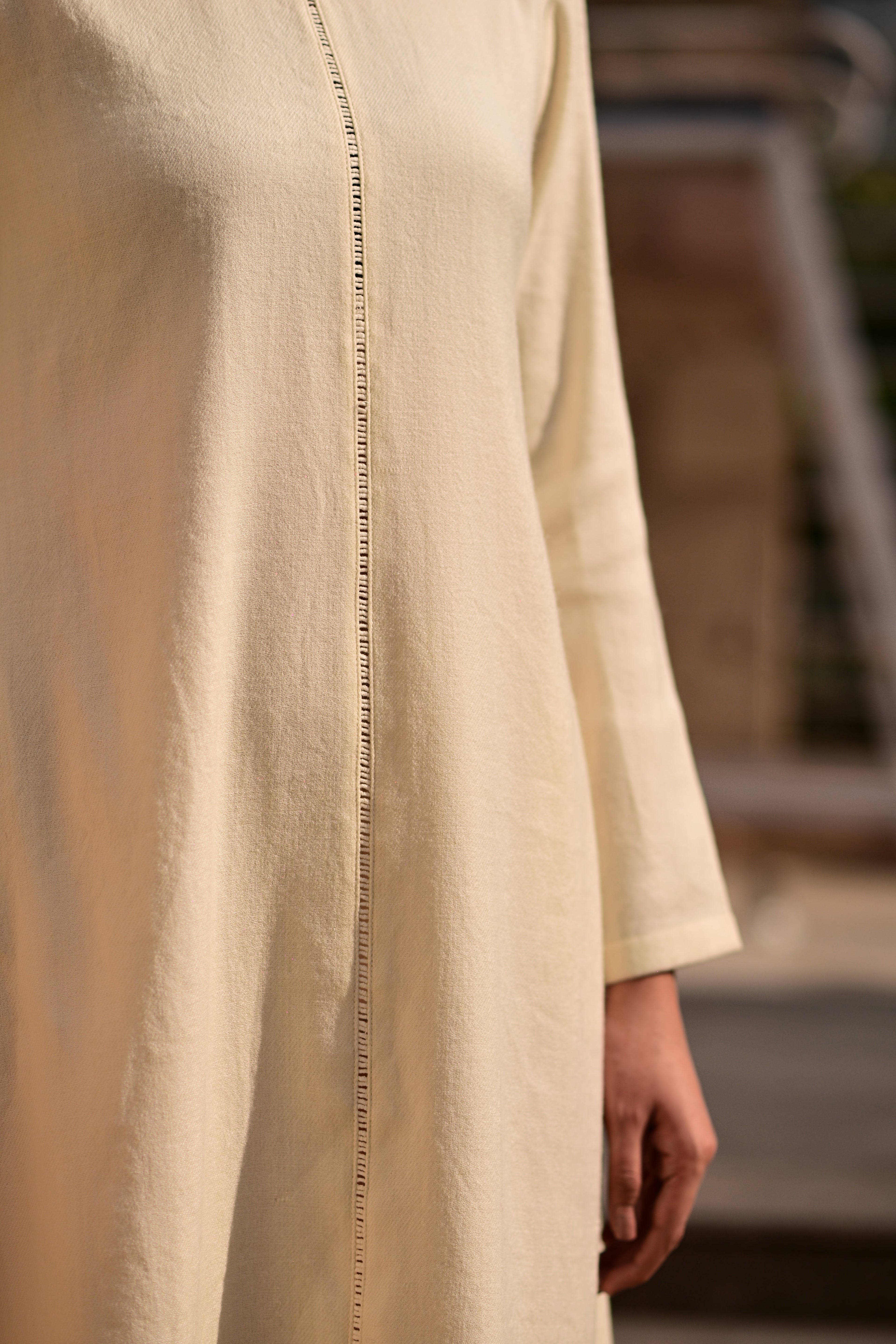 Cream White Merino Wool Dress Starflower at Kamakhyaa by Raas. This item is Cream, Merino Wool, Midi Dresses, Regular Fit, Uru by Raas, Winter Wear, Woven