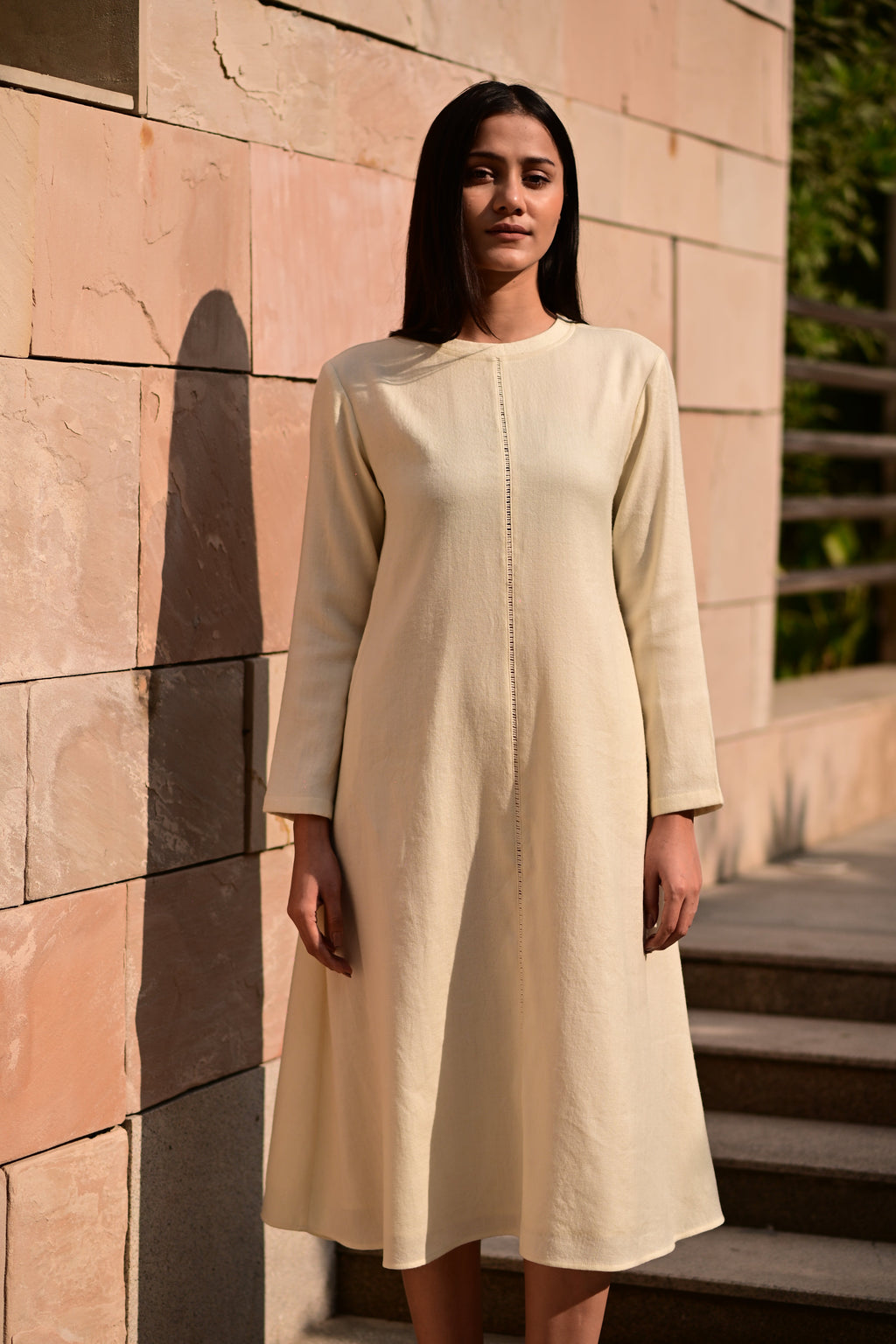 Cream White Merino Wool Dress Starflower at Kamakhyaa by Raas. This item is Cream, Merino Wool, Midi Dresses, Regular Fit, Uru by Raas, Winter Wear, Woven
