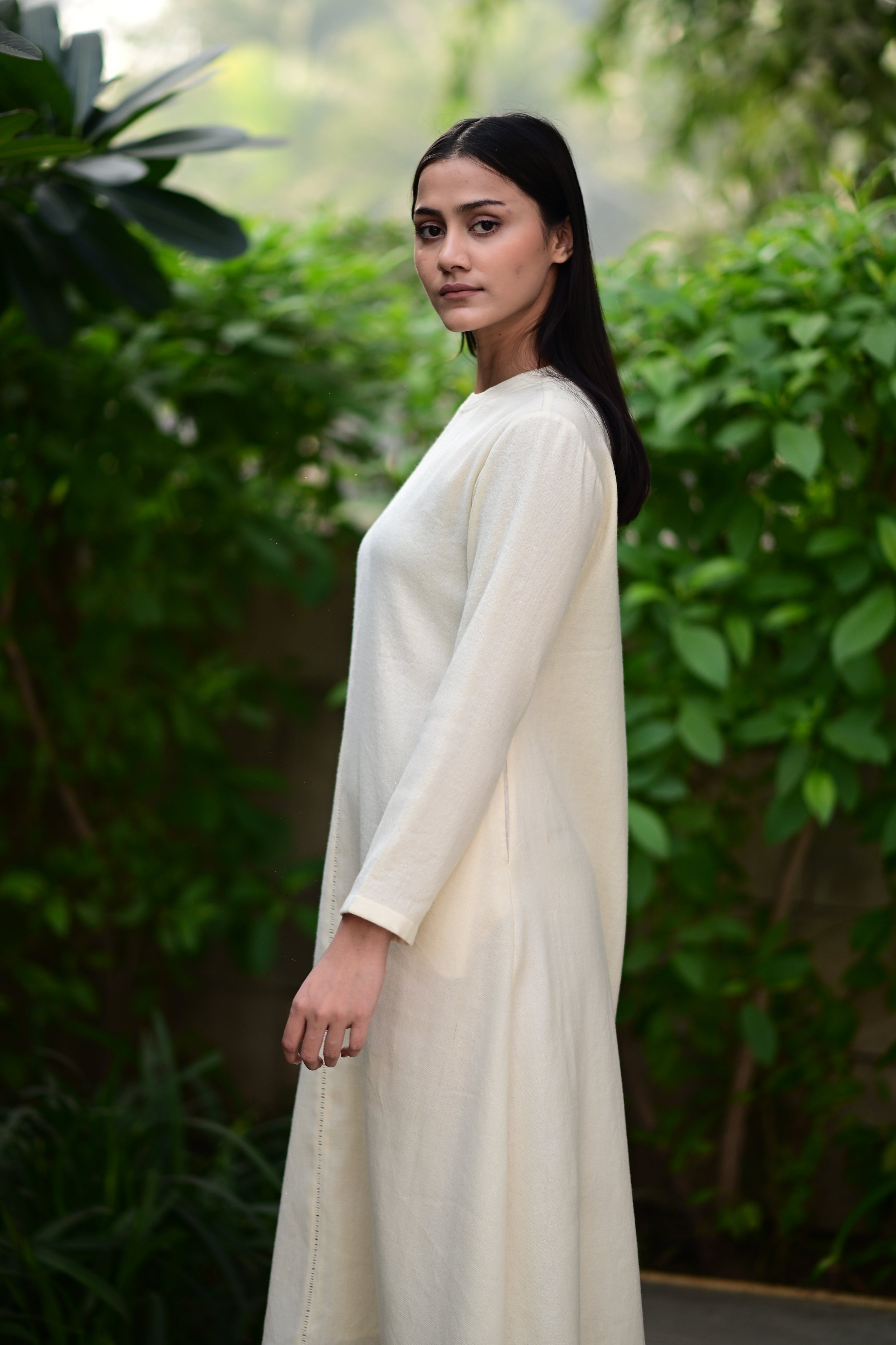 Cream White Merino Wool Dress Starflower at Kamakhyaa by Raas. This item is Cream, Merino Wool, Midi Dresses, Regular Fit, Uru by Raas, Winter Wear, Woven