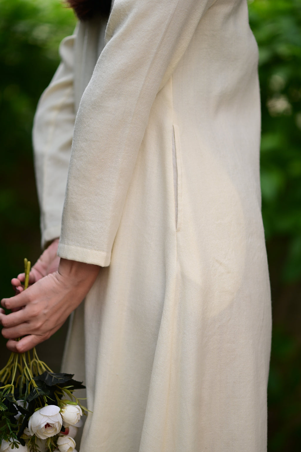 Cream White Merino Wool Dress Starflower at Kamakhyaa by Raas. This item is Cream, Merino Wool, Midi Dresses, Regular Fit, Uru by Raas, Winter Wear, Woven