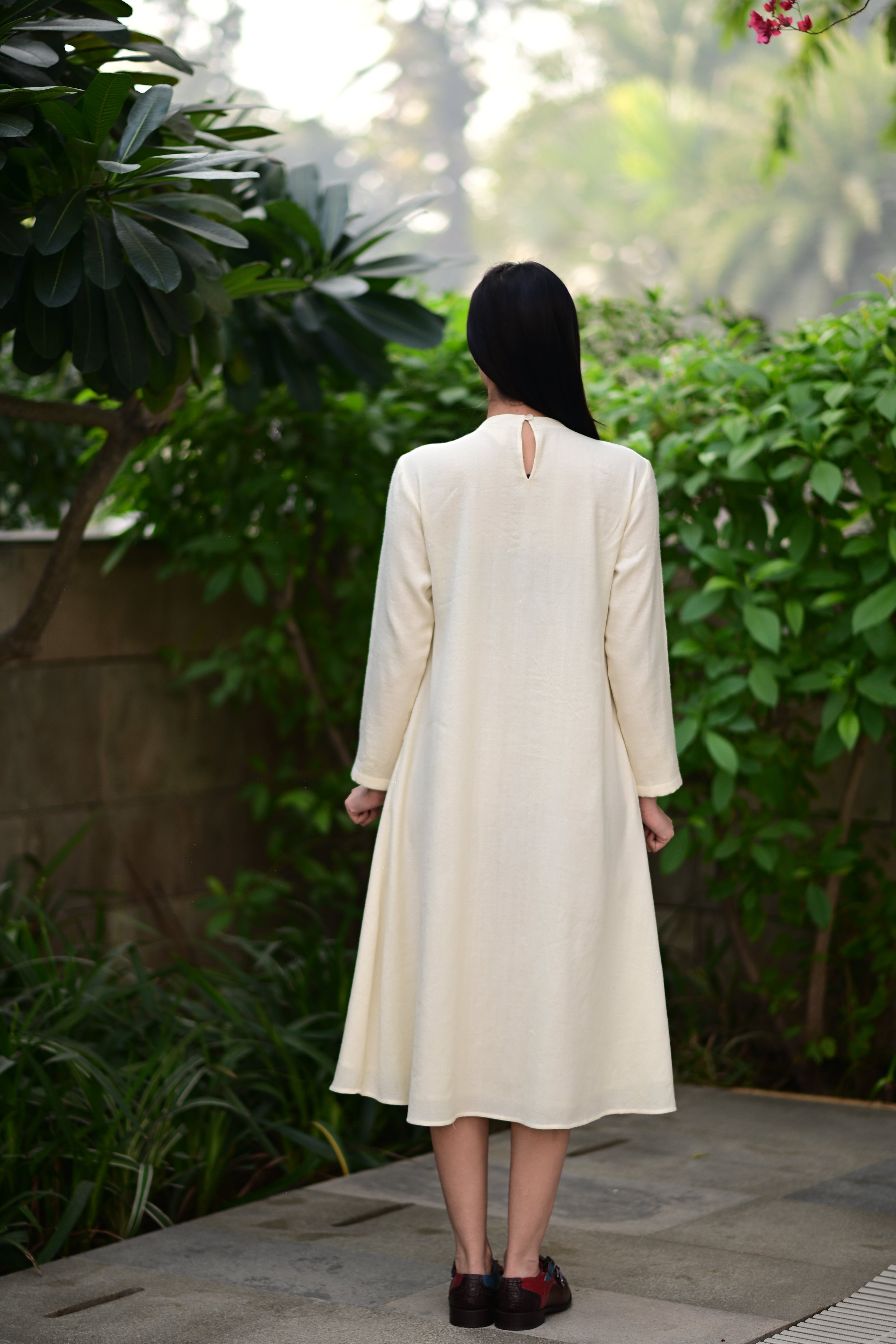 Cream White Merino Wool Dress Starflower at Kamakhyaa by Raas. This item is Cream, Merino Wool, Midi Dresses, Regular Fit, Uru by Raas, Winter Wear, Woven