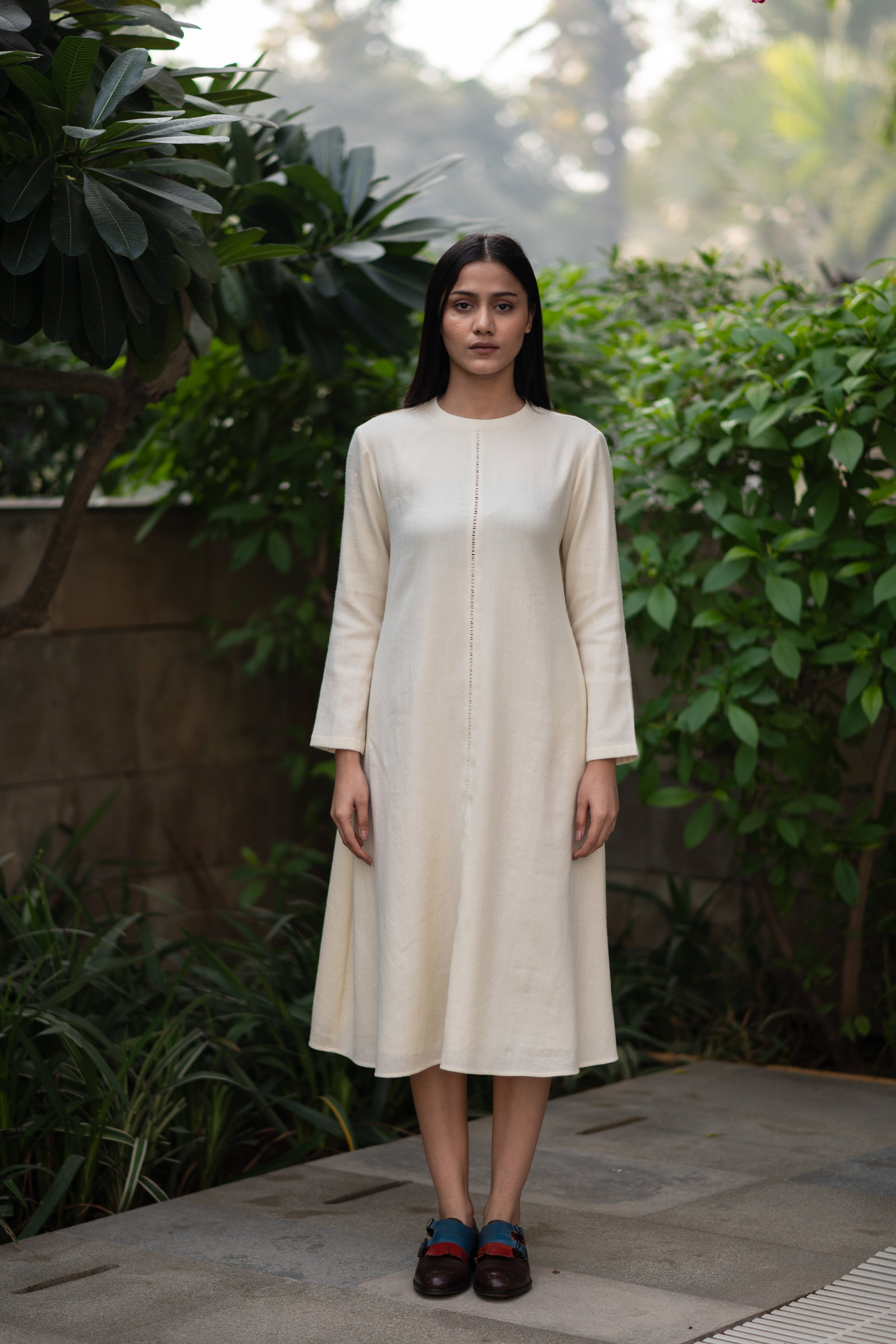 Cream White Merino Wool Dress Starflower at Kamakhyaa by Raas. This item is Cream, Merino Wool, Midi Dresses, Regular Fit, Uru by Raas, Winter Wear, Woven