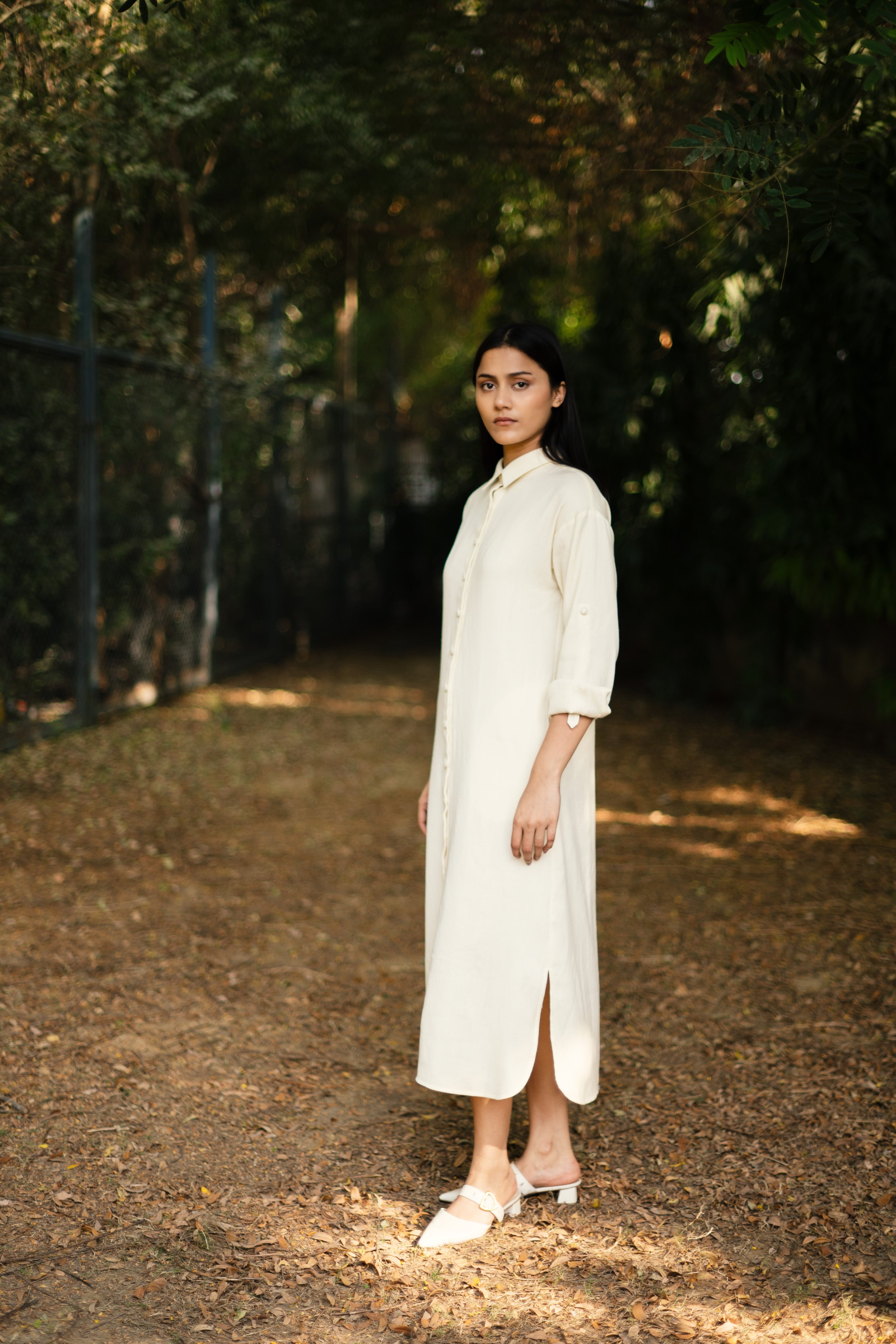 Cream White Merino Wool Dress Zinnia at Kamakhyaa by Raas. This item is Cream, Merino Wool, Midi Dresses, Regular Fit, Uru by Raas, Winter Wear, Woven