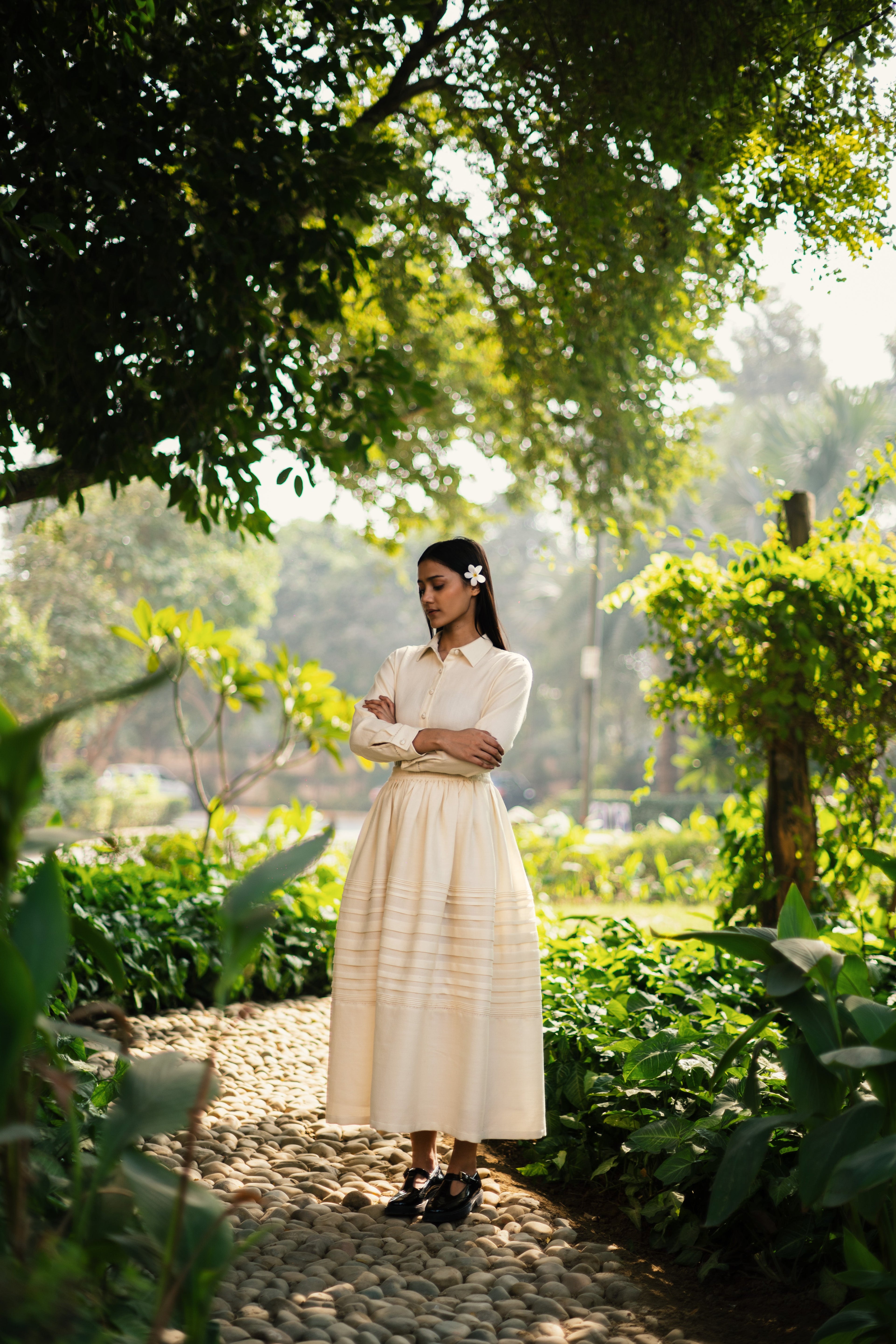 Cream White Merino Wool Misha Skirt at Kamakhyaa by Raas. This item is Cream, Merino Wool, Regular Fit, Skirts, Uru by Raas, Winter Wear, Woven