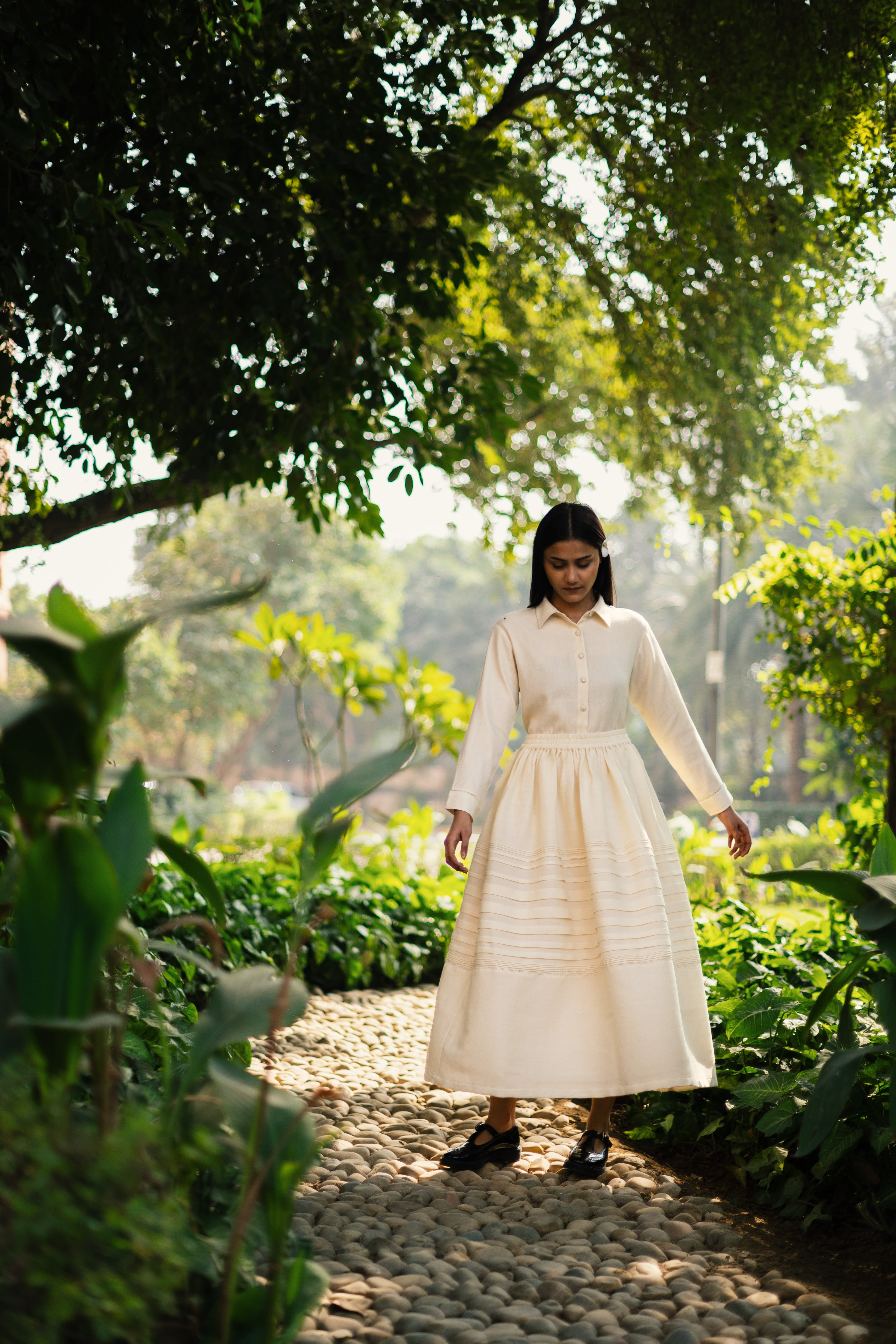 Cream White Merino Wool Misha Skirt at Kamakhyaa by Raas. This item is Cream, Merino Wool, Regular Fit, Skirts, Uru by Raas, Winter Wear, Woven