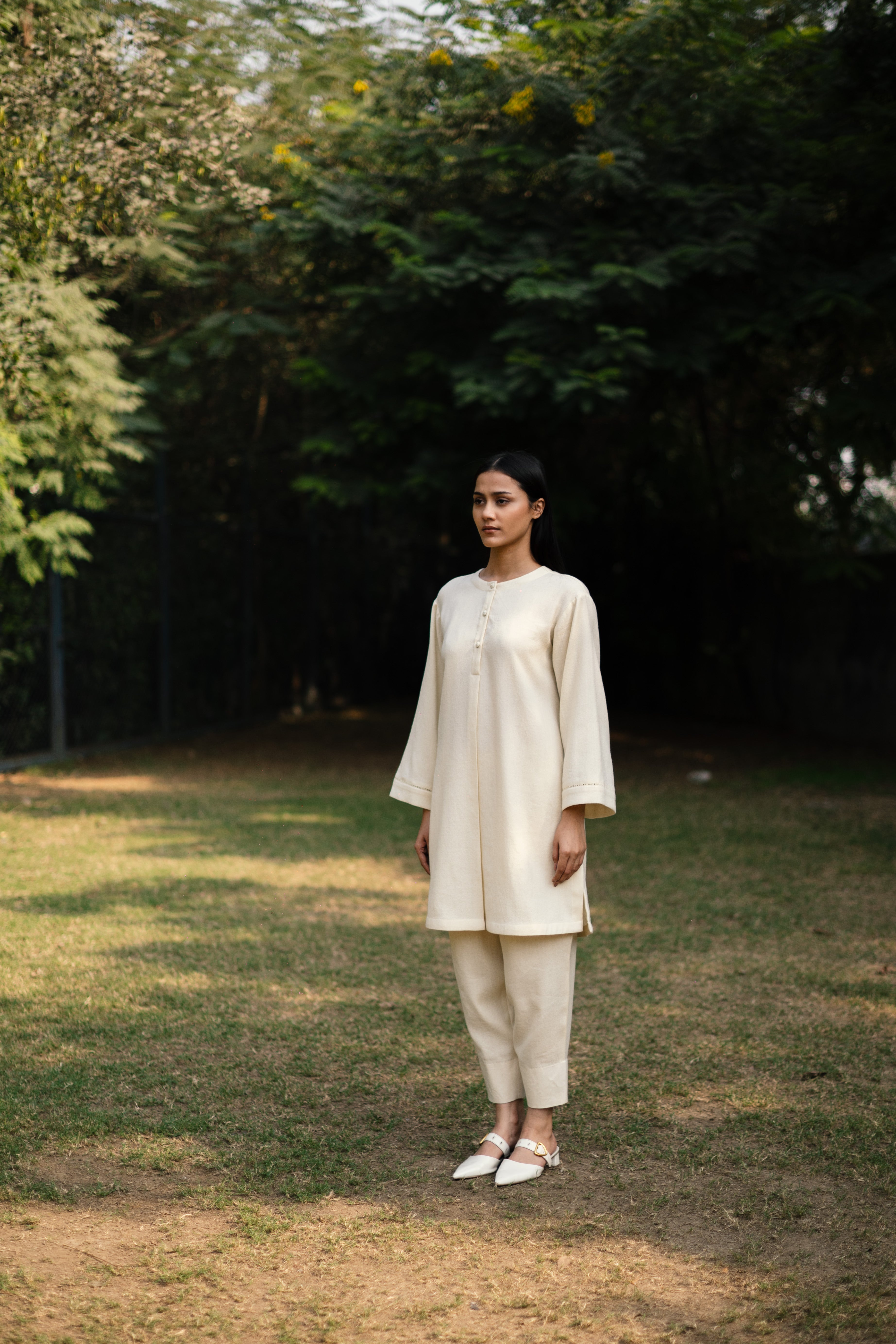 Cream White Merino Wool Set of Three Iris at Kamakhyaa by Raas. This item is Cream, Merino Wool, Regular Fit, Uru by Raas, Winter WearOffice Wear Co-ords, Woven