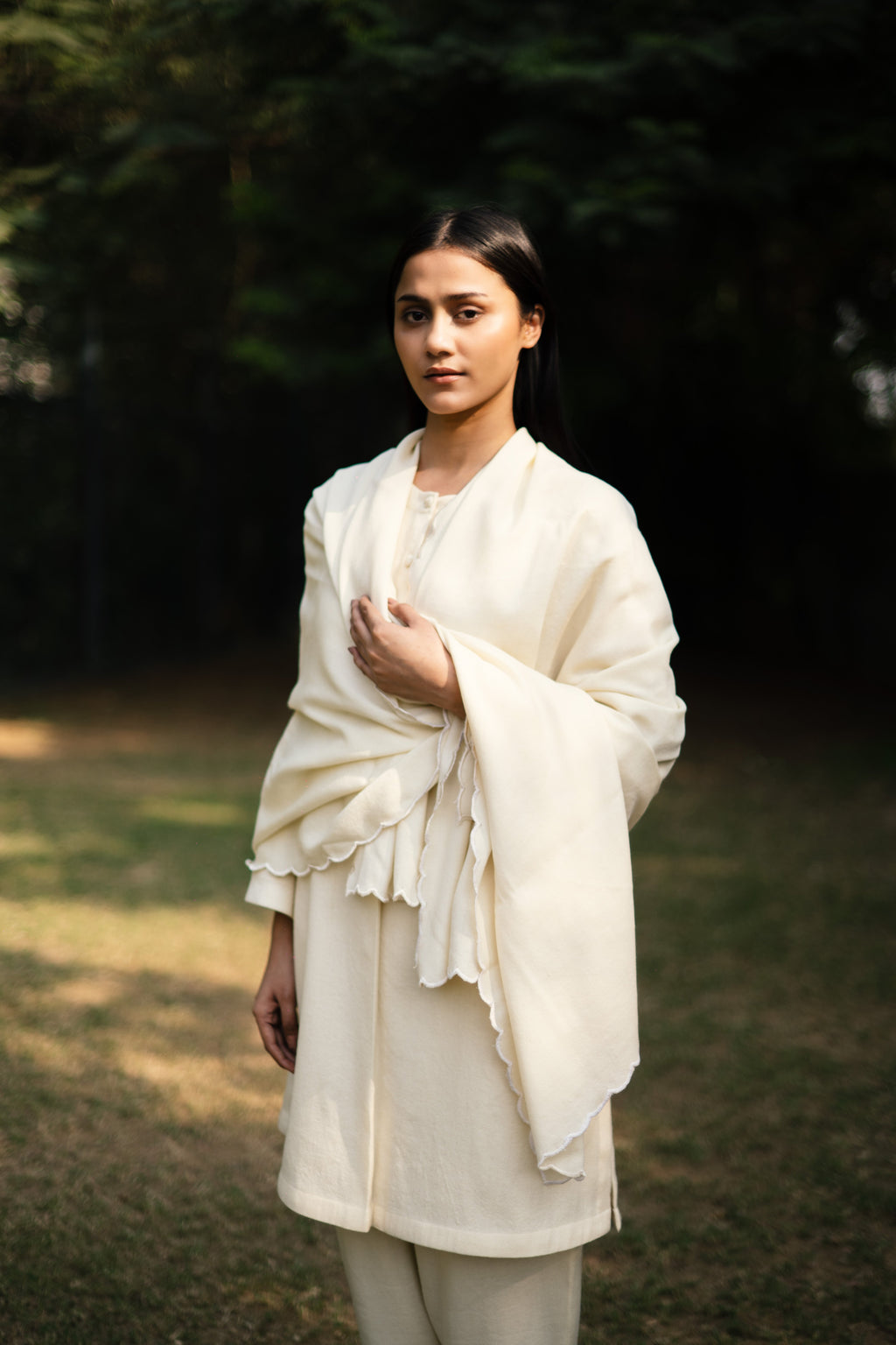 Cream White Merino Wool Set of Three Iris at Kamakhyaa by Raas. This item is Cream, Merino Wool, Regular Fit, Uru by Raas, Winter WearOffice Wear Co-ords, Woven