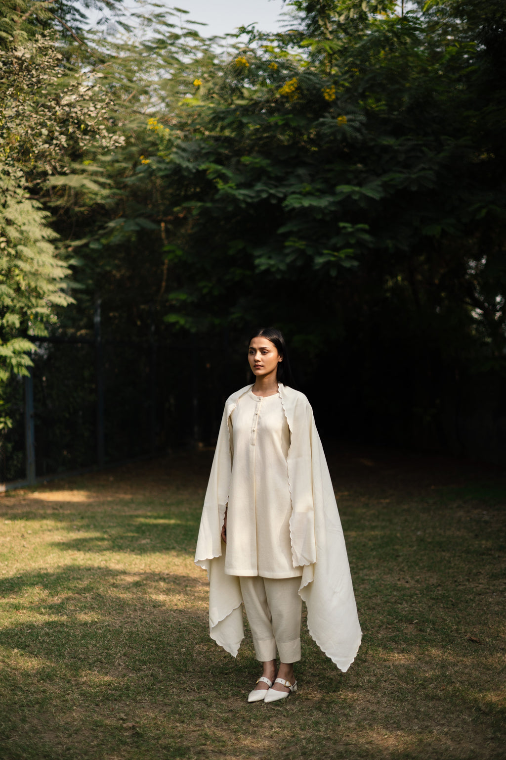 Cream White Merino Wool Set of Three Iris at Kamakhyaa by Raas. This item is Cream, Merino Wool, Regular Fit, Uru by Raas, Winter WearOffice Wear Co-ords, Woven