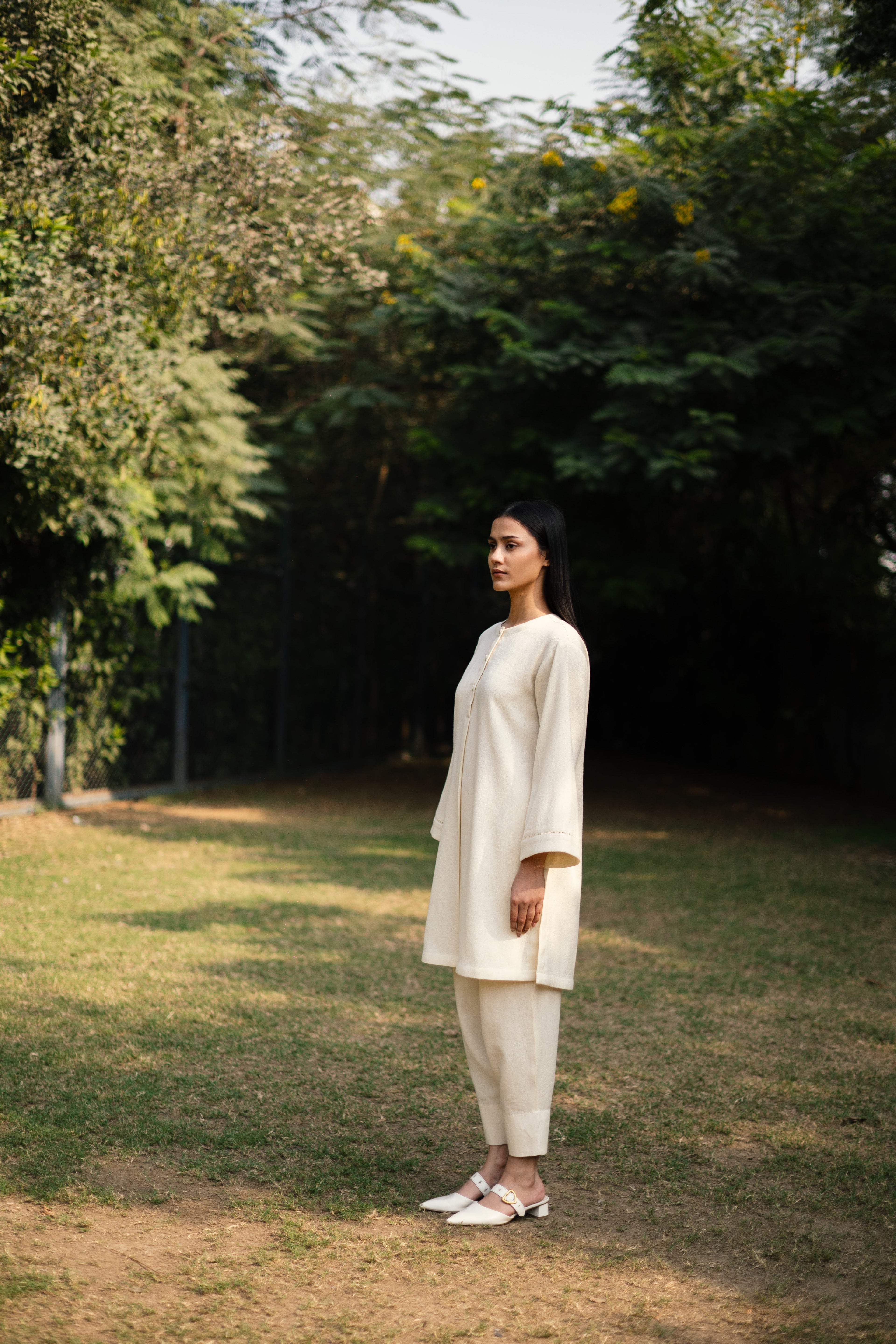 Cream White Merino Wool Set of Three Iris at Kamakhyaa by Raas. This item is Cream, Merino Wool, Regular Fit, Uru by Raas, Winter WearOffice Wear Co-ords, Woven