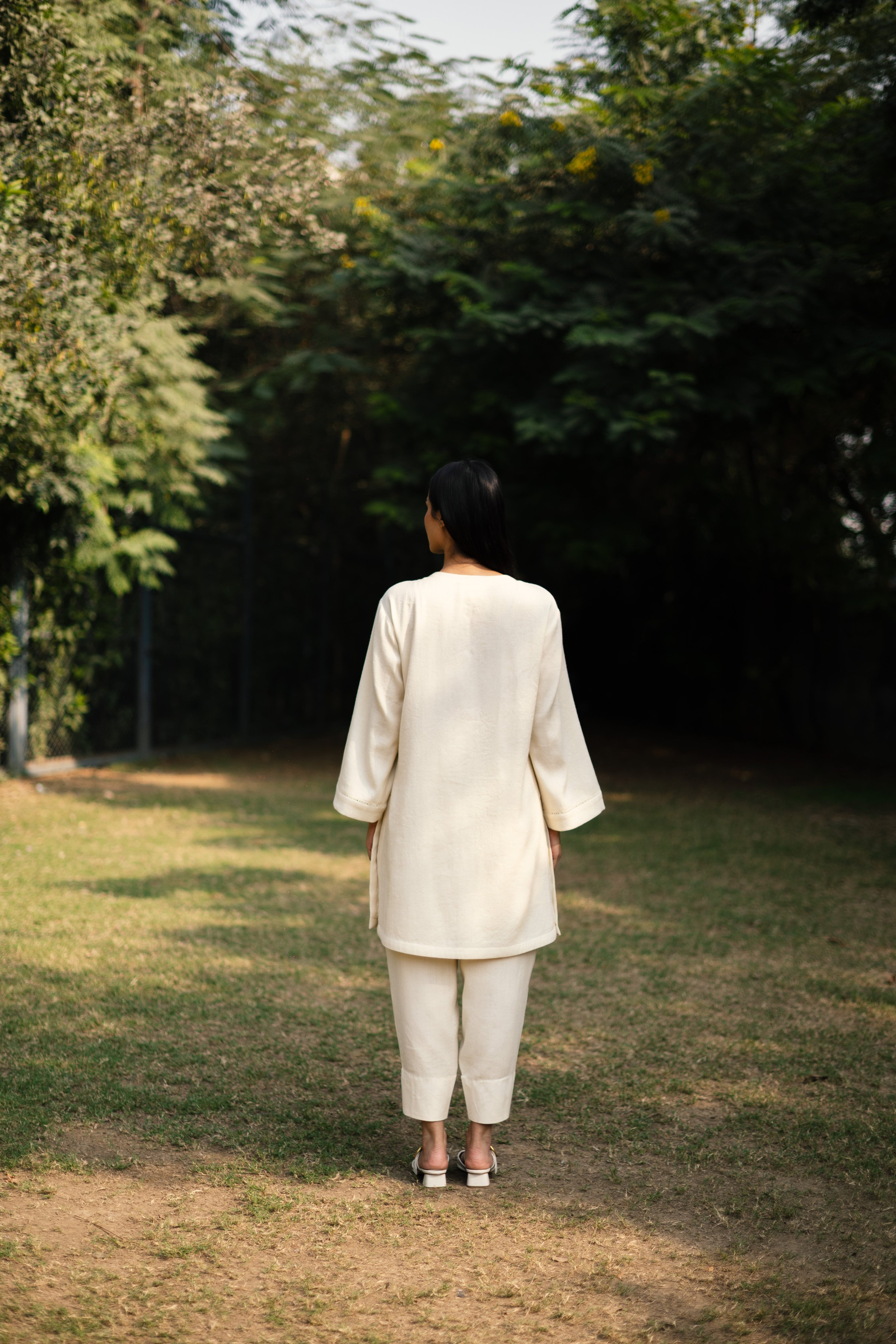 Cream White Merino Wool Set of Three Iris at Kamakhyaa by Raas. This item is Cream, Merino Wool, Regular Fit, Uru by Raas, Winter WearOffice Wear Co-ords, Woven