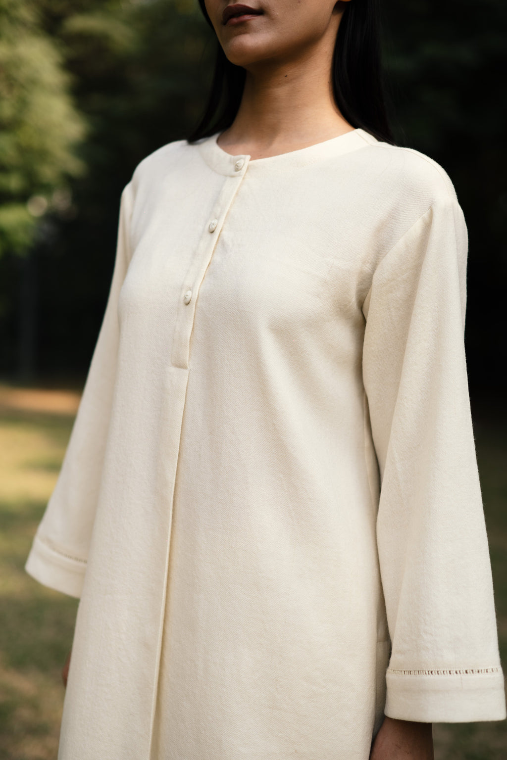 Cream White Merino Wool Set of Three Iris at Kamakhyaa by Raas. This item is Cream, Merino Wool, Regular Fit, Uru by Raas, Winter WearOffice Wear Co-ords, Woven