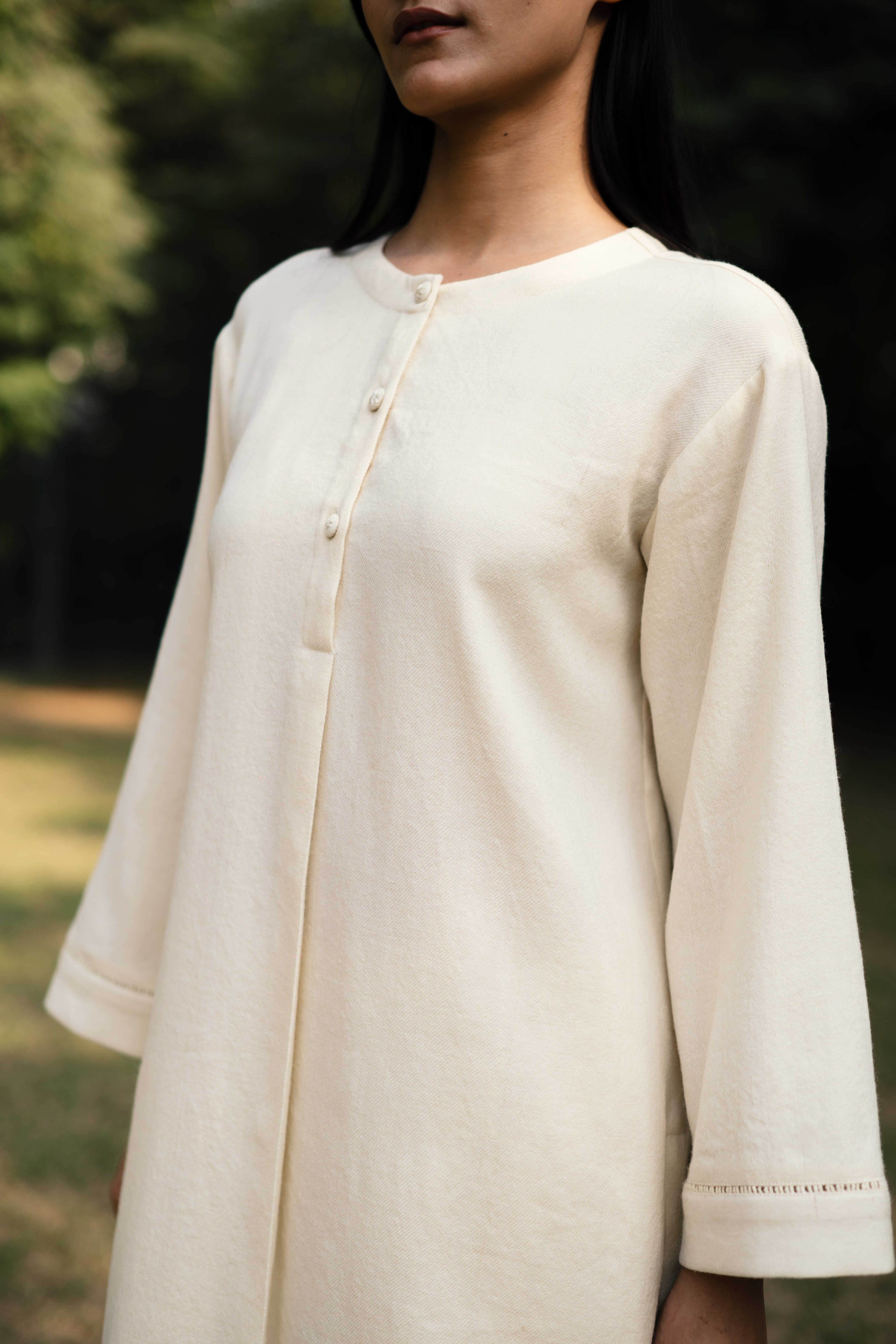 Cream White Merino Wool Set of Three Iris at Kamakhyaa by Raas. This item is Cream, Merino Wool, Regular Fit, Uru by Raas, Winter WearOffice Wear Co-ords, Woven