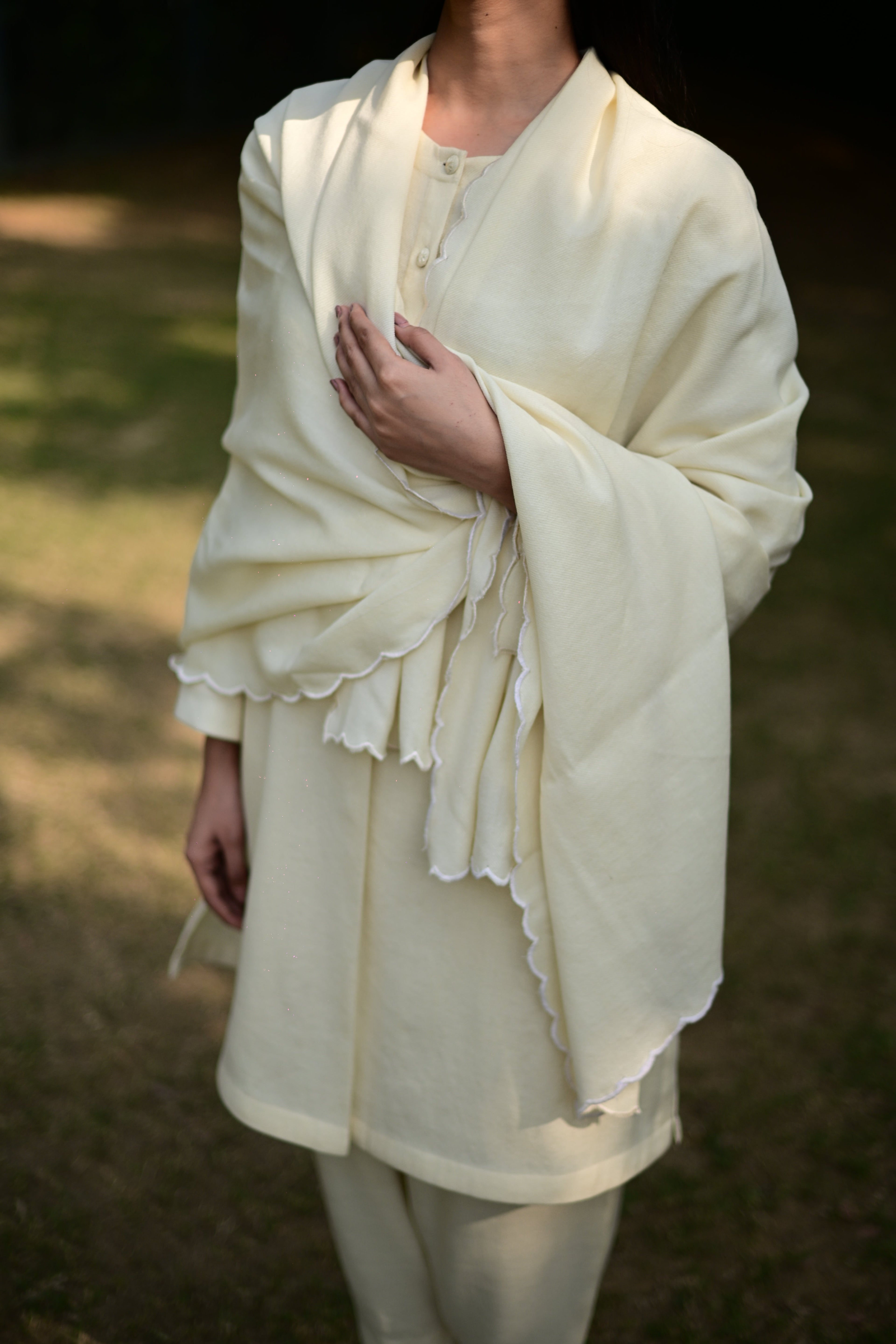 Cream White Merino Wool Stole at Kamakhyaa by Raas. This item is Cream, Merino Wool, Regular Fit, Stoles, Uru by Raas, Winter Wear, Woven