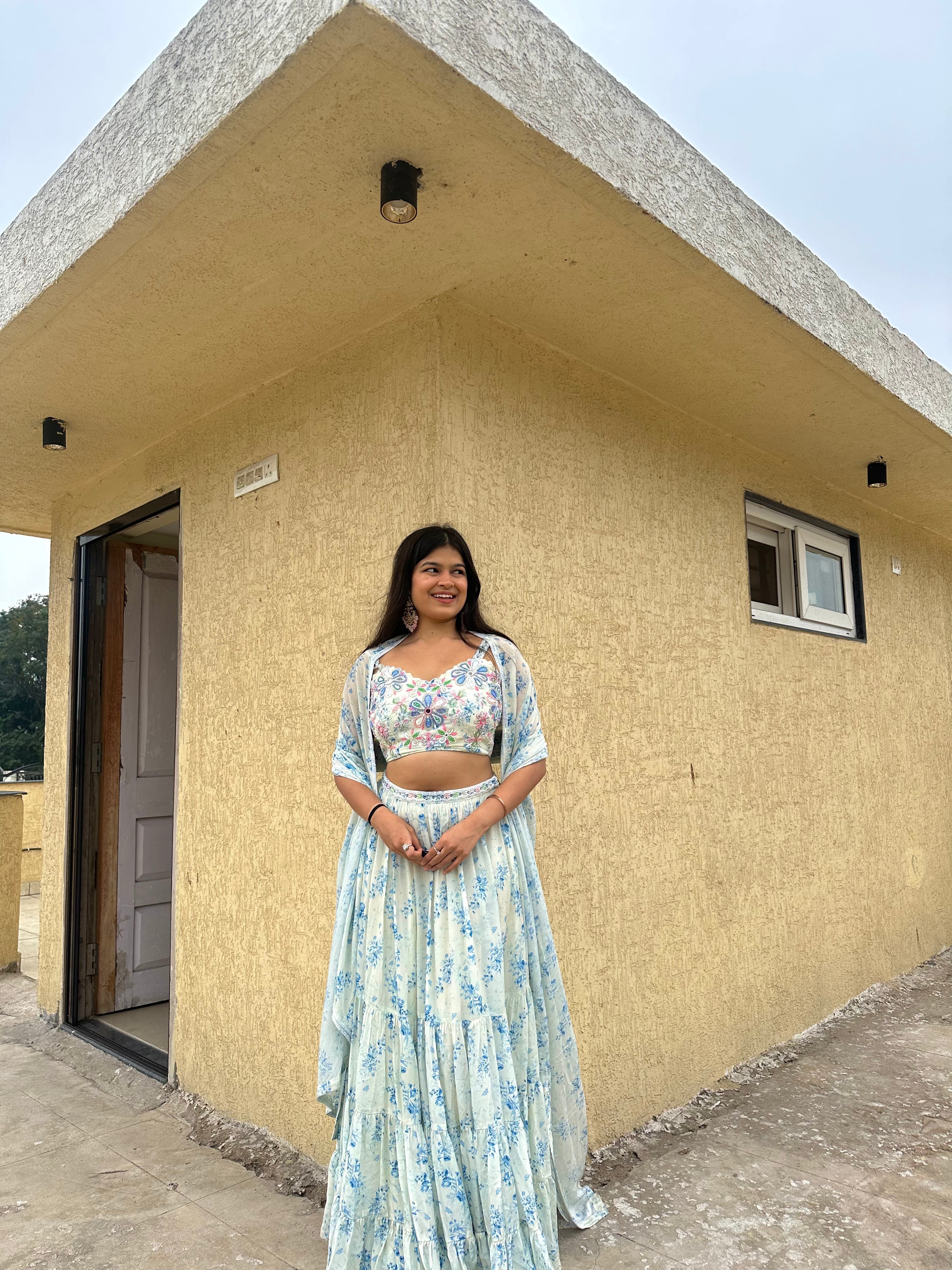 Crepe Ava Lehenga Set at Kamakhyaa by Ewoke. This item is Crepe, ivory lehenga, Missing image, Nostalgia's Thread by Ewoke, printed lehenga, sustainable fashion, wedding lehengas, white printed lehengas