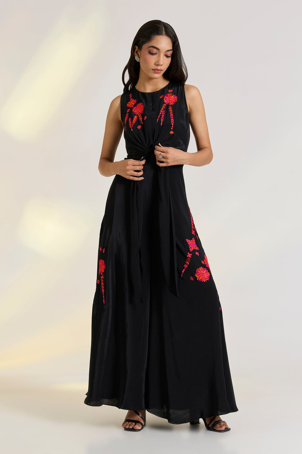 Crepe Black Embroidered Kaia Jumpsuit at Kamakhyaa by Ewoke. This item is Black, black jumpsuit, black outfit, Crepe, embroided pink dress, Holiday wear, Missing image, Nostalgia's Thread by Ewoke, phulkari embroidery, sustainable fashion