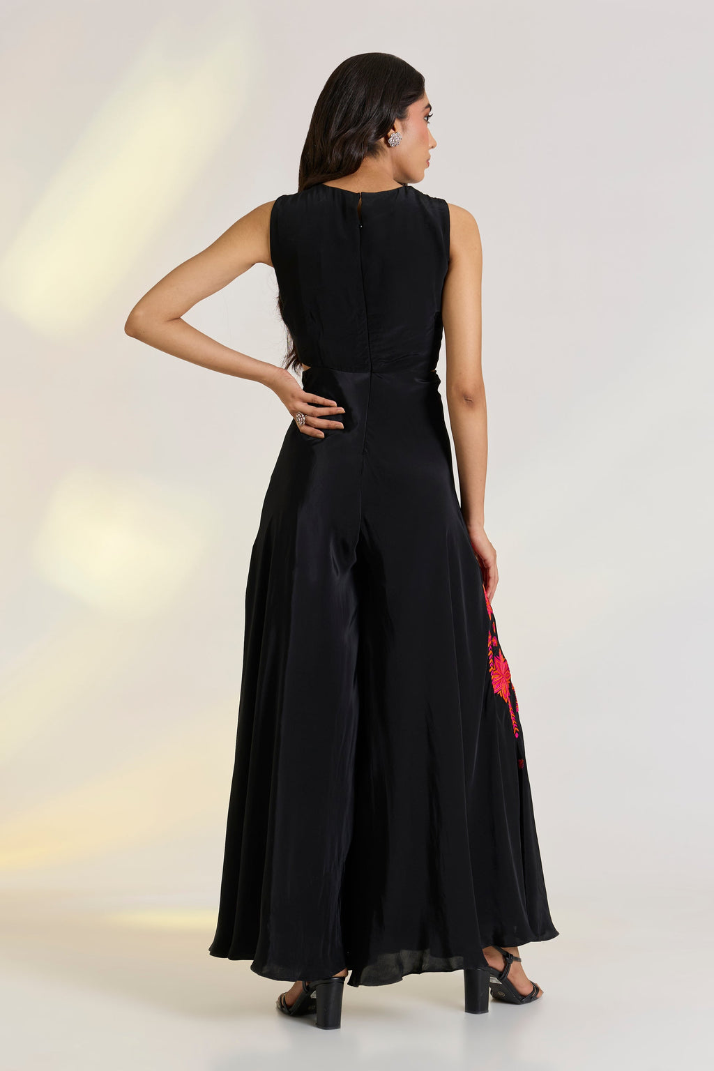 Crepe Black Embroidered Kaia Jumpsuit at Kamakhyaa by Ewoke. This item is Black, black jumpsuit, black outfit, Crepe, embroided pink dress, Holiday wear, Missing image, Nostalgia's Thread by Ewoke, phulkari embroidery, sustainable fashion