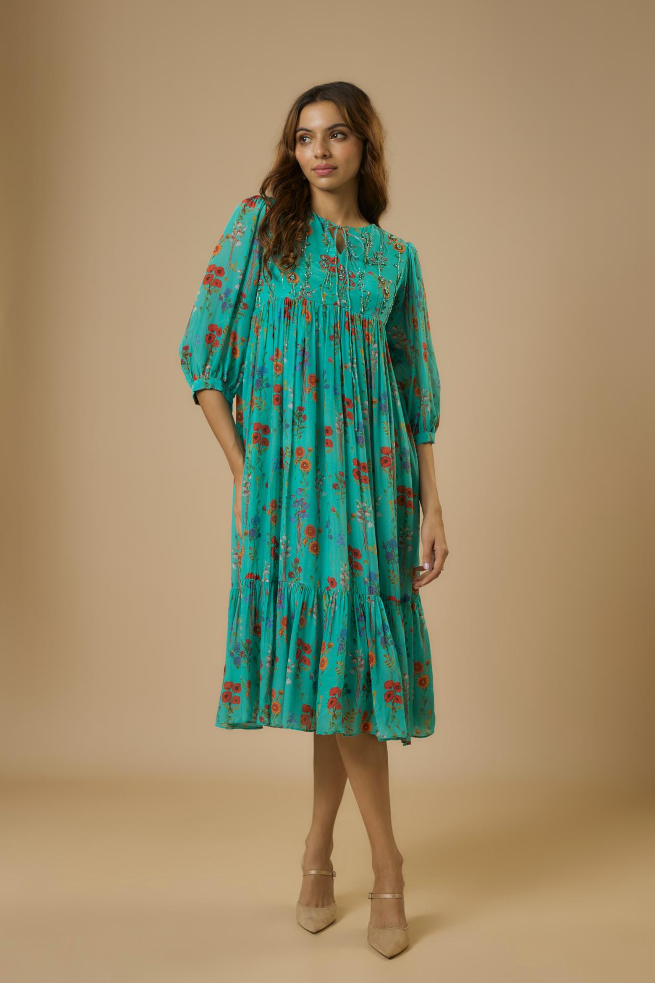 Crepe Blue Floral Midi Dress at Kamakhyaa by Ewoke. This item is Bemberg, bemberg dress, Crepe, festive dress, FESTIVE DRESSES WOMEN, long dress, Missing image, Nostalgia's Thread by Ewoke, party dress, Under $200