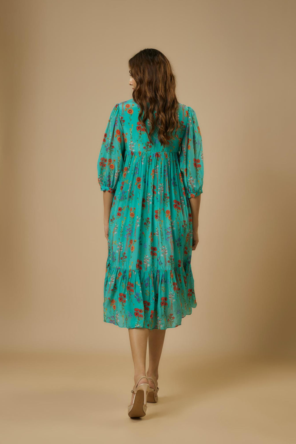 Crepe Blue Floral Midi Dress at Kamakhyaa by Ewoke. This item is Bemberg, bemberg dress, Crepe, festive dress, FESTIVE DRESSES WOMEN, long dress, Missing image, Nostalgia's Thread by Ewoke, party dress, Under $200