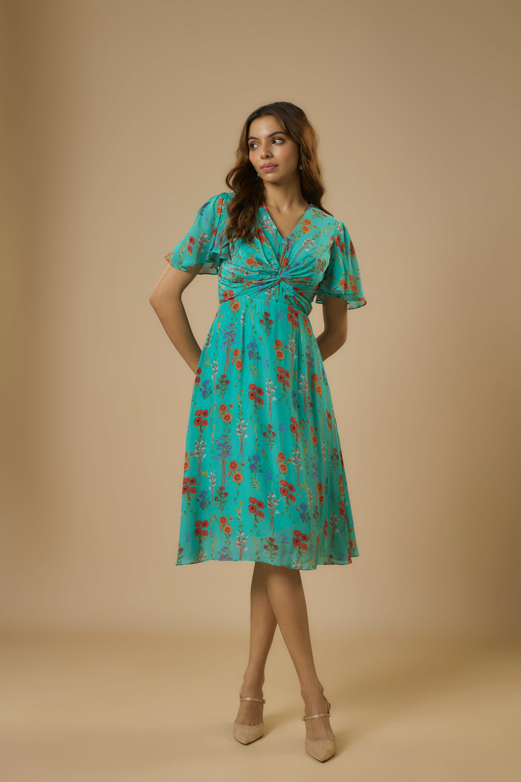 Crepe Blue Knot Dress at Kamakhyaa by Ewoke. This item is blue dress, Blue Printed Dress, Crepe, fit and flare, knot dress, Missing image, Nostalgia's Thread by Ewoke, printed dress, Under $150