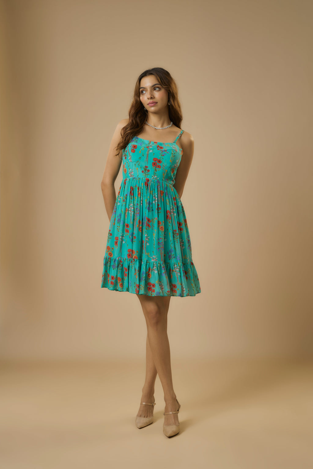 Crepe Blue Mini Dress at Kamakhyaa by Ewoke. This item is blue dress, Crepe, fit and flare dress, Floral, Holiday wear, Missing image, Nostalgia's Thread by Ewoke, printed dress, printed mini dress, Under $150