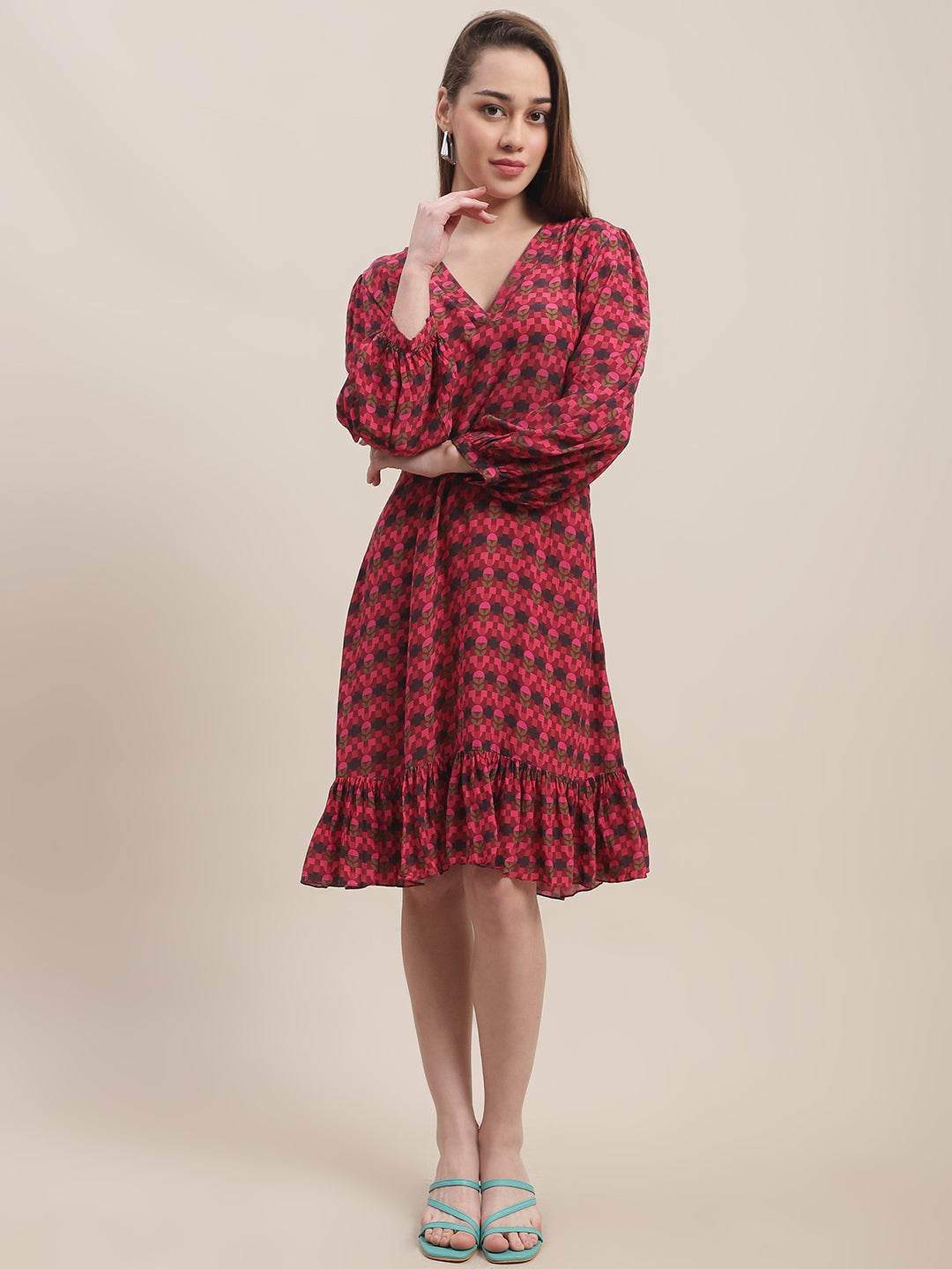 Crepe Caroline A-line dress at Kamakhyaa by Ewoke. This item is Crepe, Midi Dress, Missing image, Nostalgia's Thread by Ewoke, printed dress, red dress, red printed dress, Under $100, womens midi dress