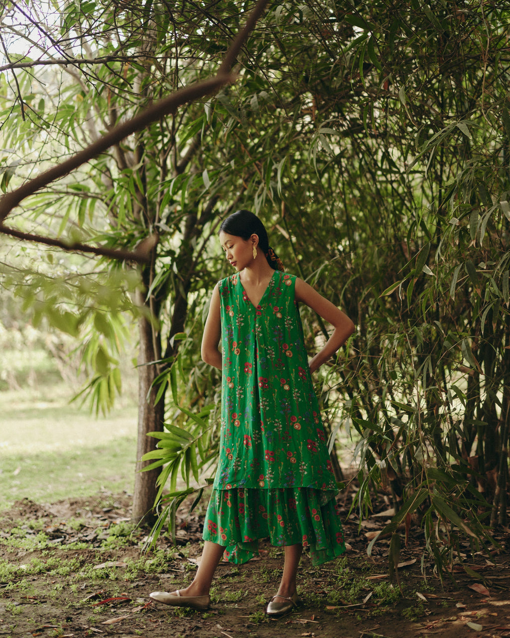 Crepe Green Embroidered A-line Dress at Kamakhyaa by Ewoke. This item is A-line Dress, aline dress, bemberg dress, Crepe, Floral, Missing image, Nostalgia's Thread by Ewoke, printed dress, sustainable fashion, Under $200