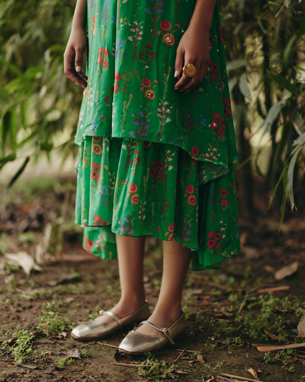 Crepe Green Embroidered A-line Dress at Kamakhyaa by Ewoke. This item is A-line Dress, aline dress, bemberg dress, Crepe, Floral, Missing image, Nostalgia's Thread by Ewoke, printed dress, sustainable fashion, Under $200